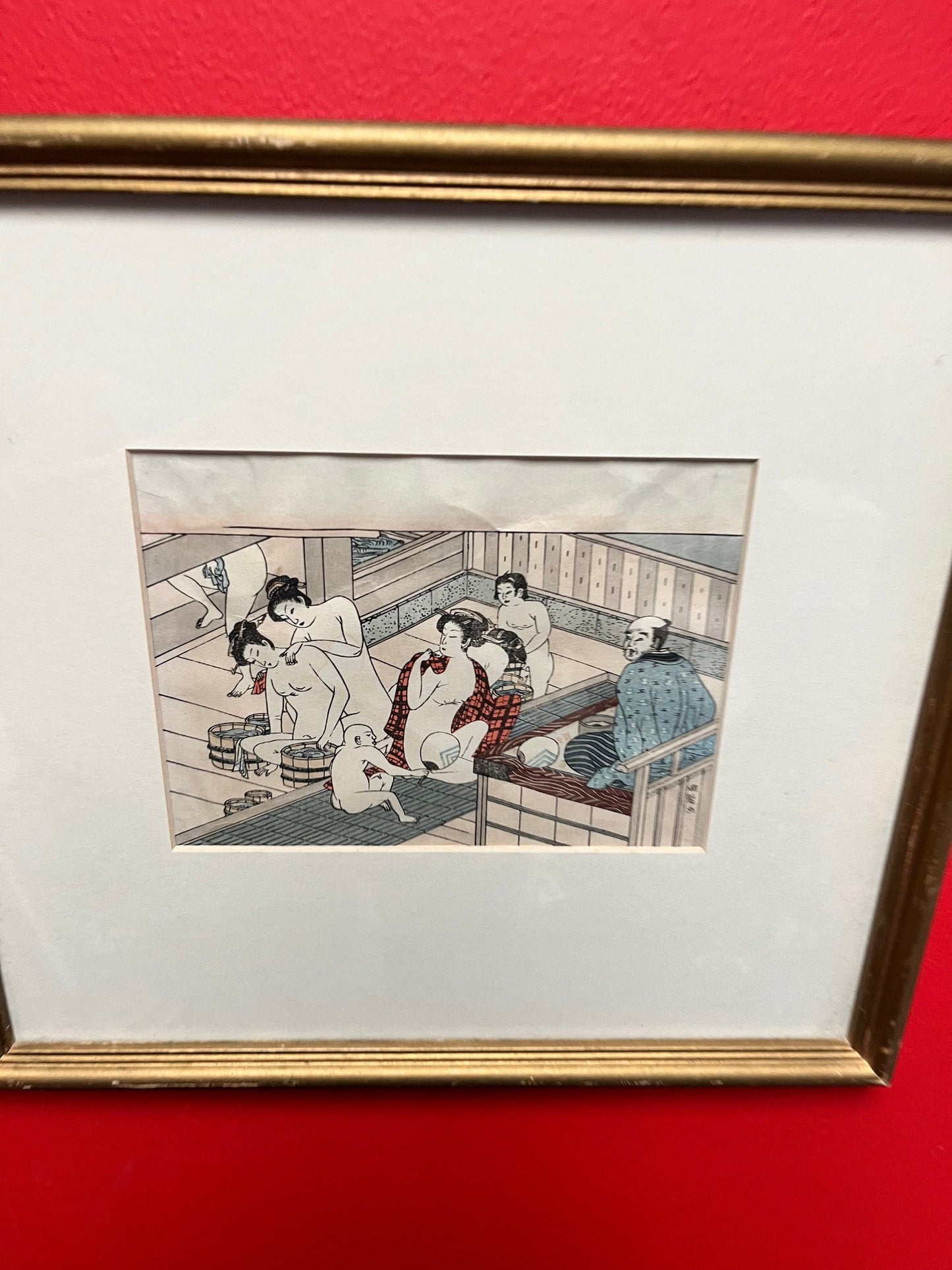 Absolutely fabulous 11 x 14 inch Japanese woodblock print of an onsen  sento Wonderful depiction and framing  high quality picture