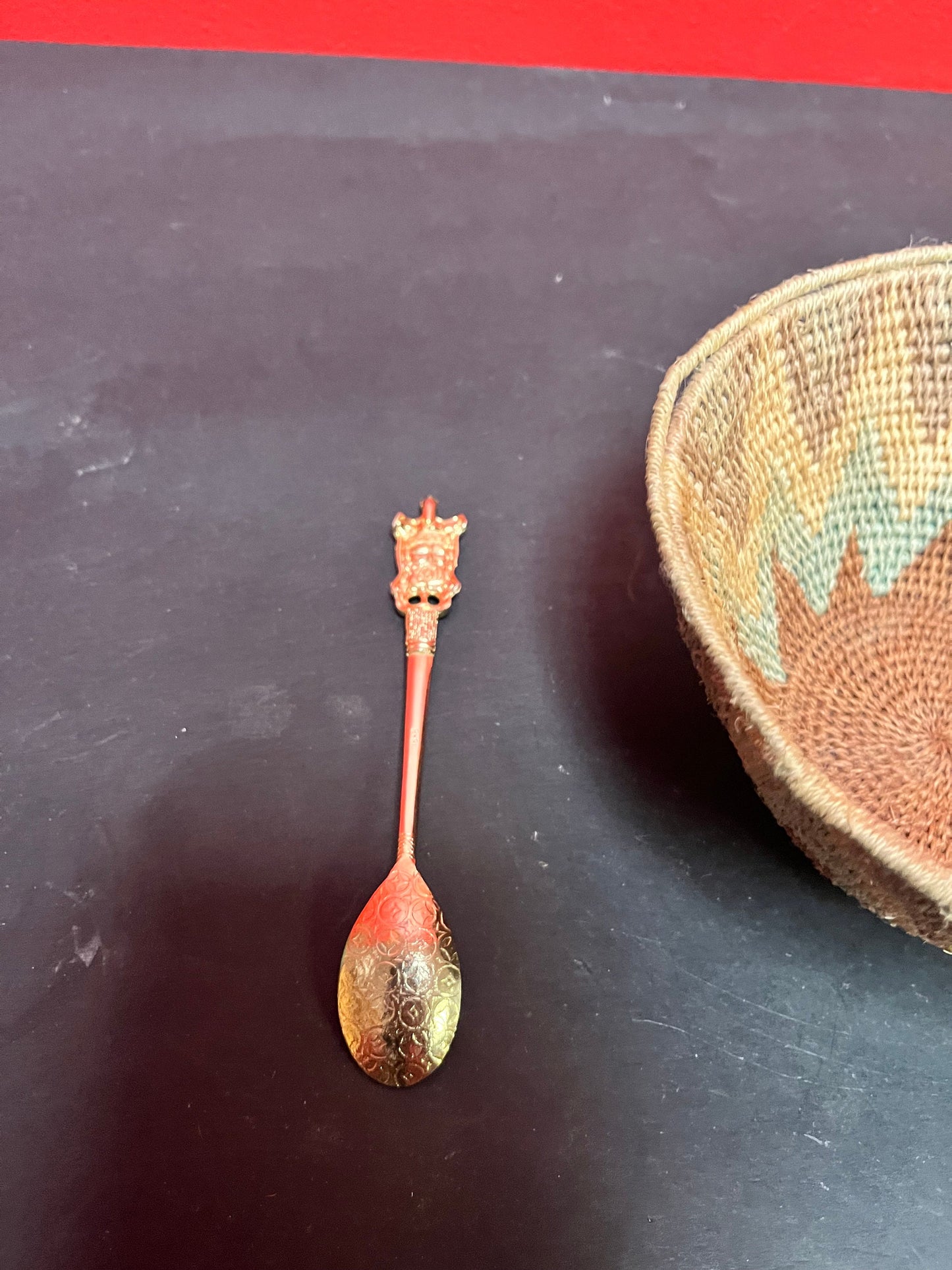 Lovely 6 x 3 vintage African woven basket with a Gilded and enamel turtle spoon  lovely combo for gifts etc