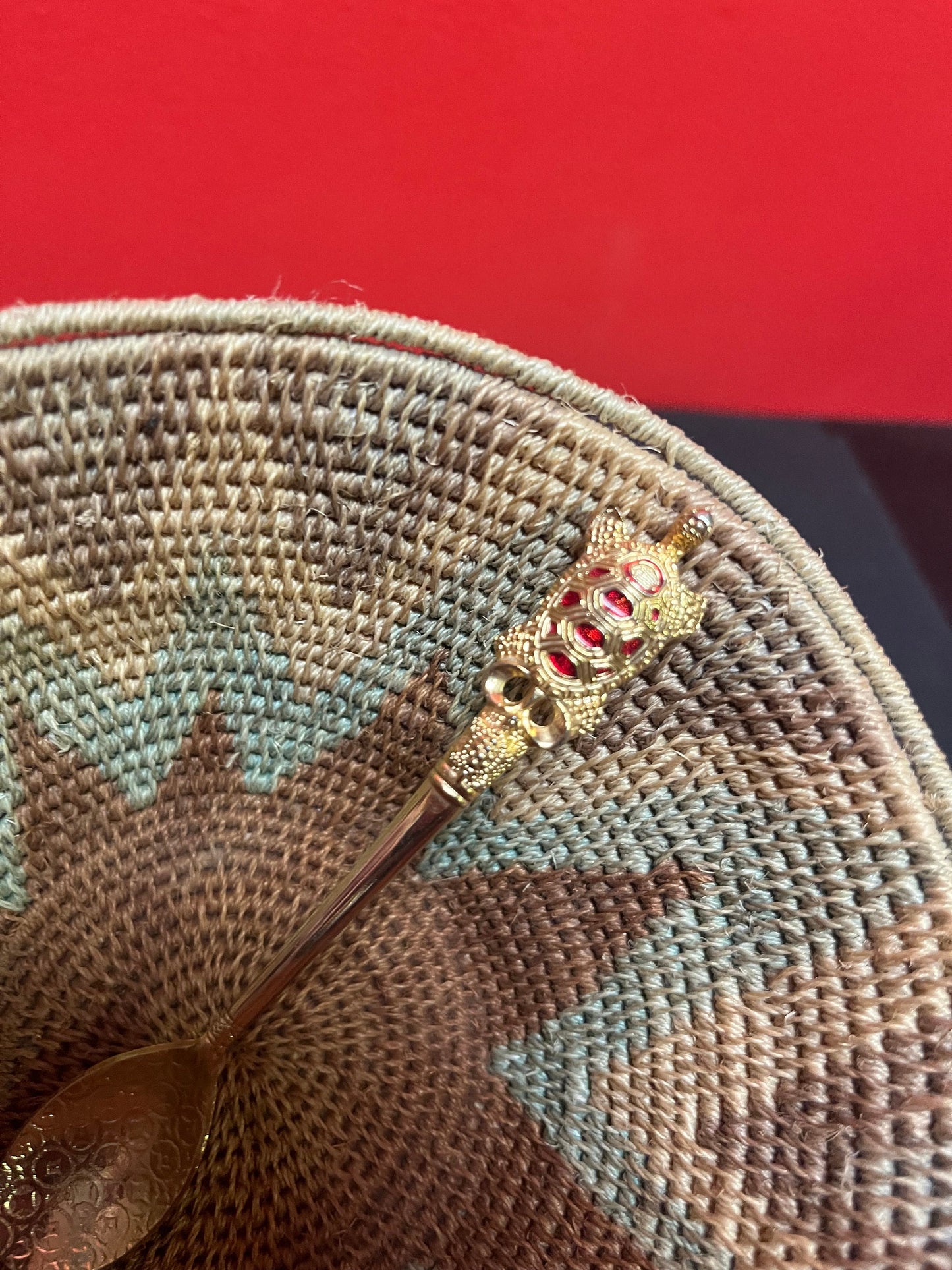 Lovely 6 x 3 vintage African woven basket with a Gilded and enamel turtle spoon  lovely combo for gifts etc