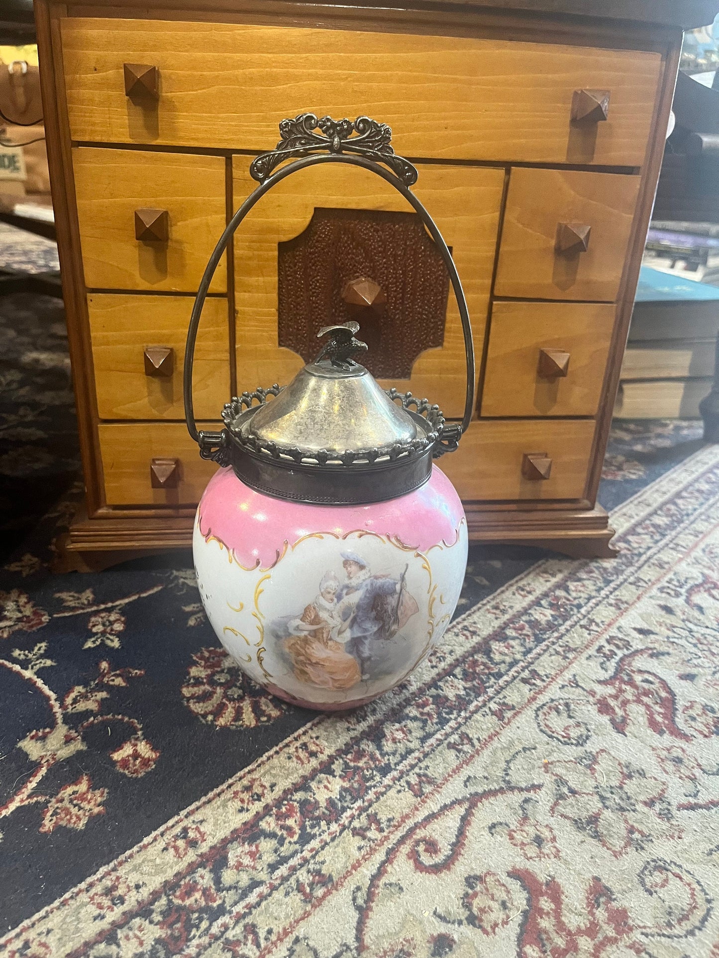 12 inch high Antique Victorian  enamel and silver plated biscuit jar  great detail  and good condition  see photos