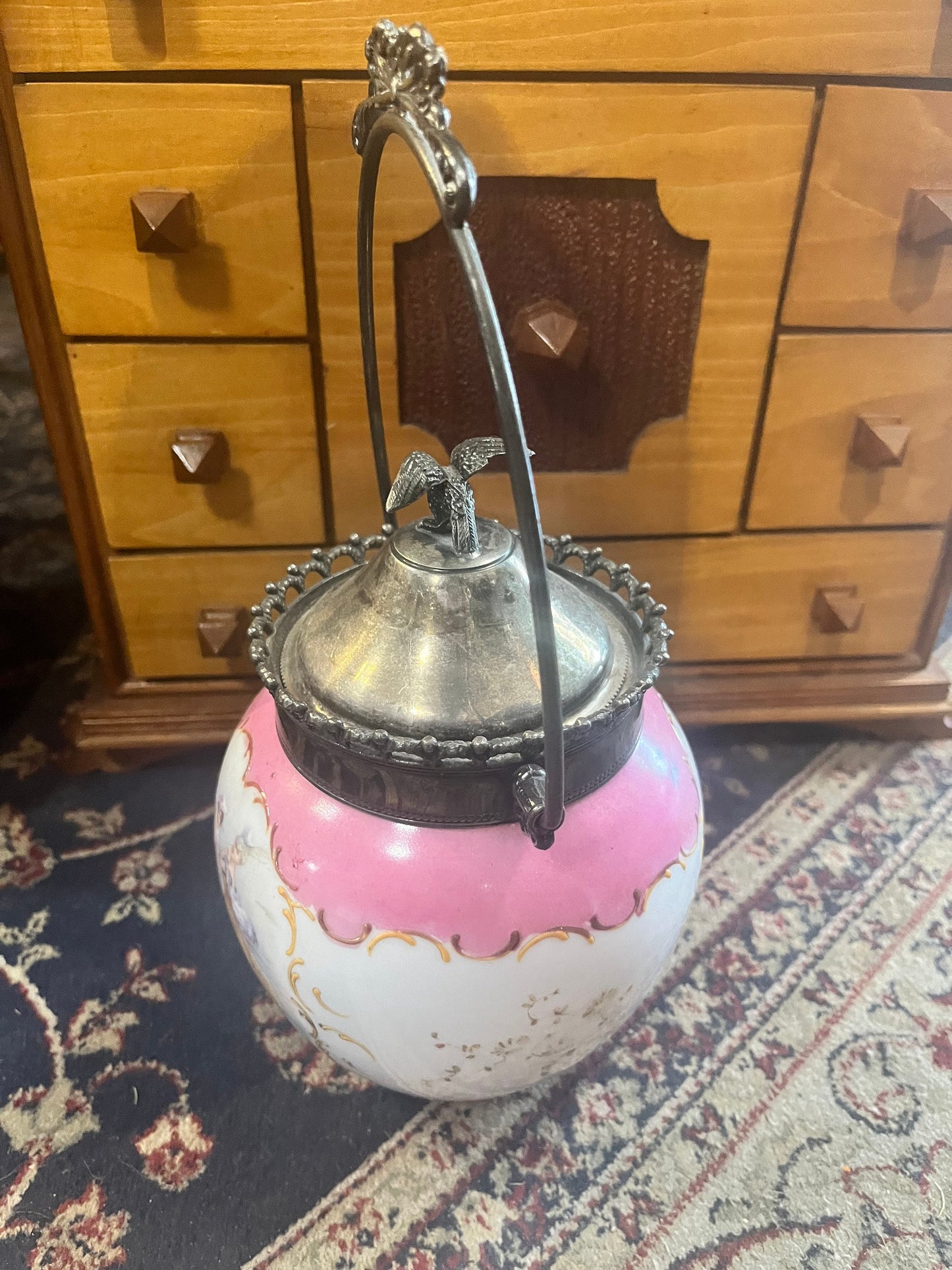 12 inch high Antique Victorian  enamel and silver plated biscuit jar  great detail  and good condition  see photos