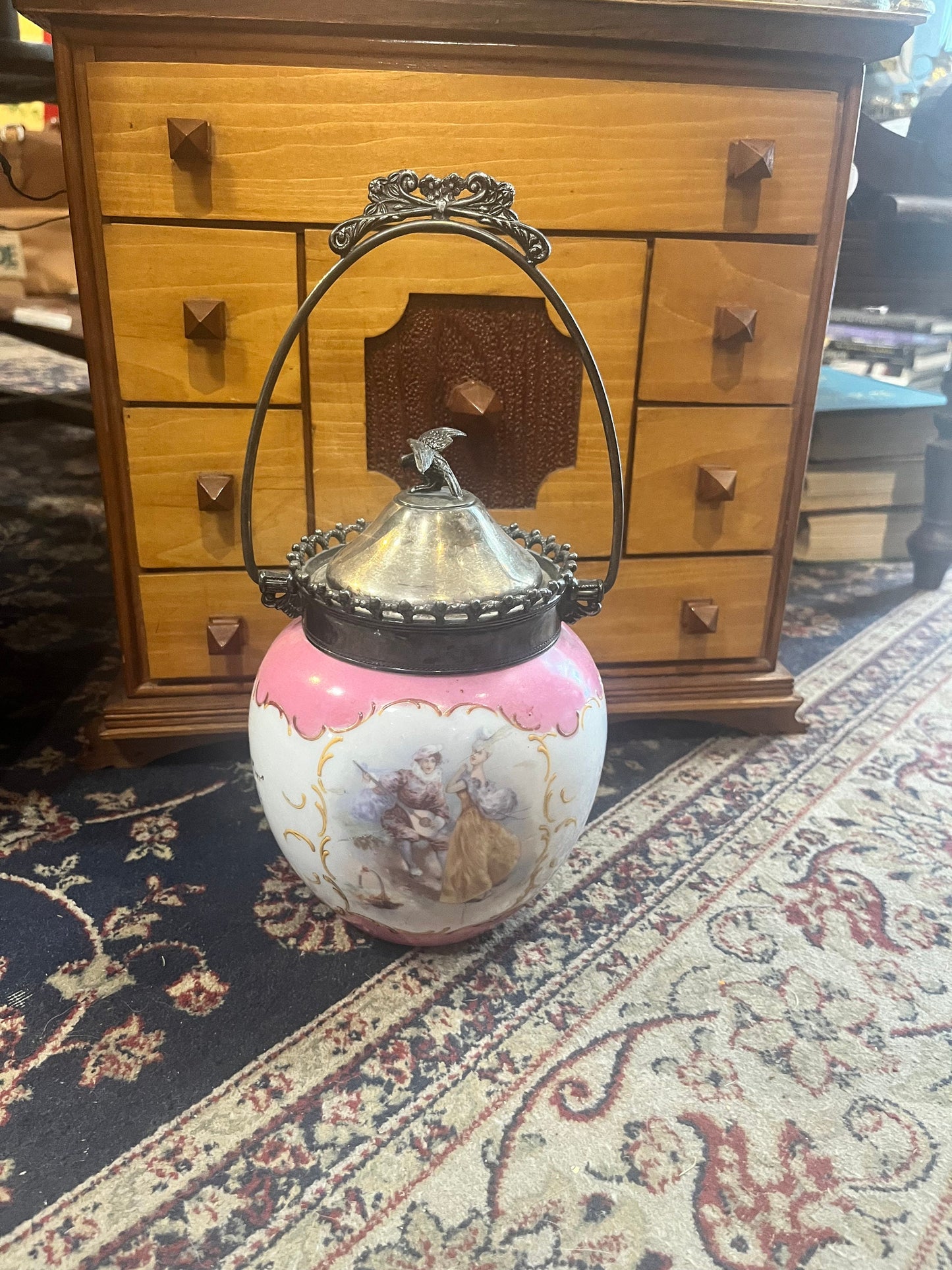 12 inch high Antique Victorian  enamel and silver plated biscuit jar  great detail  and good condition  see photos