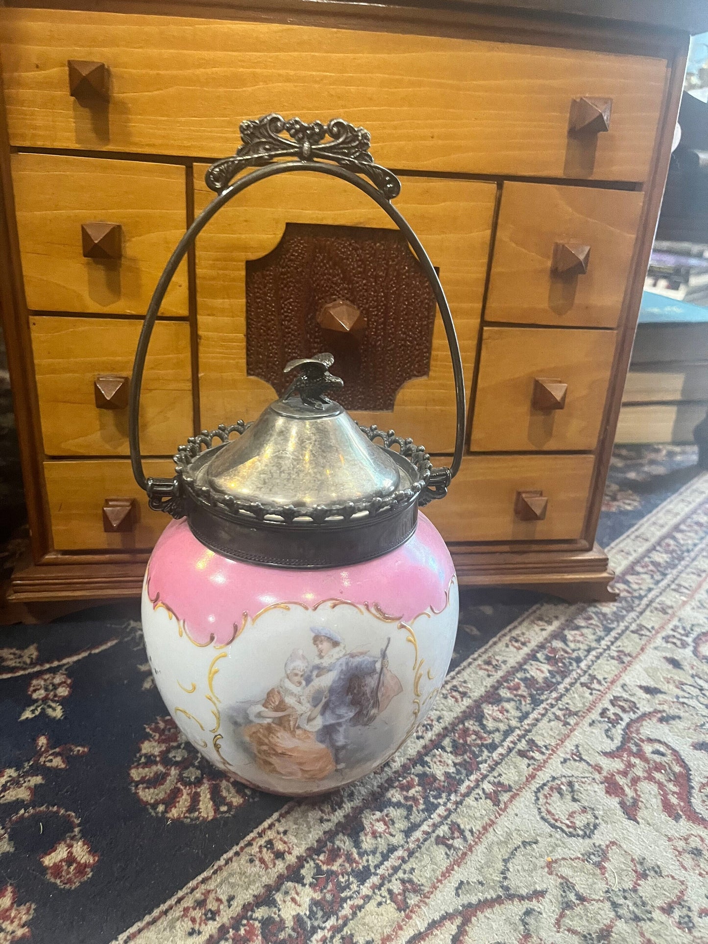 12 inch high Antique Victorian  enamel and silver plated biscuit jar  great detail  and good condition  see photos