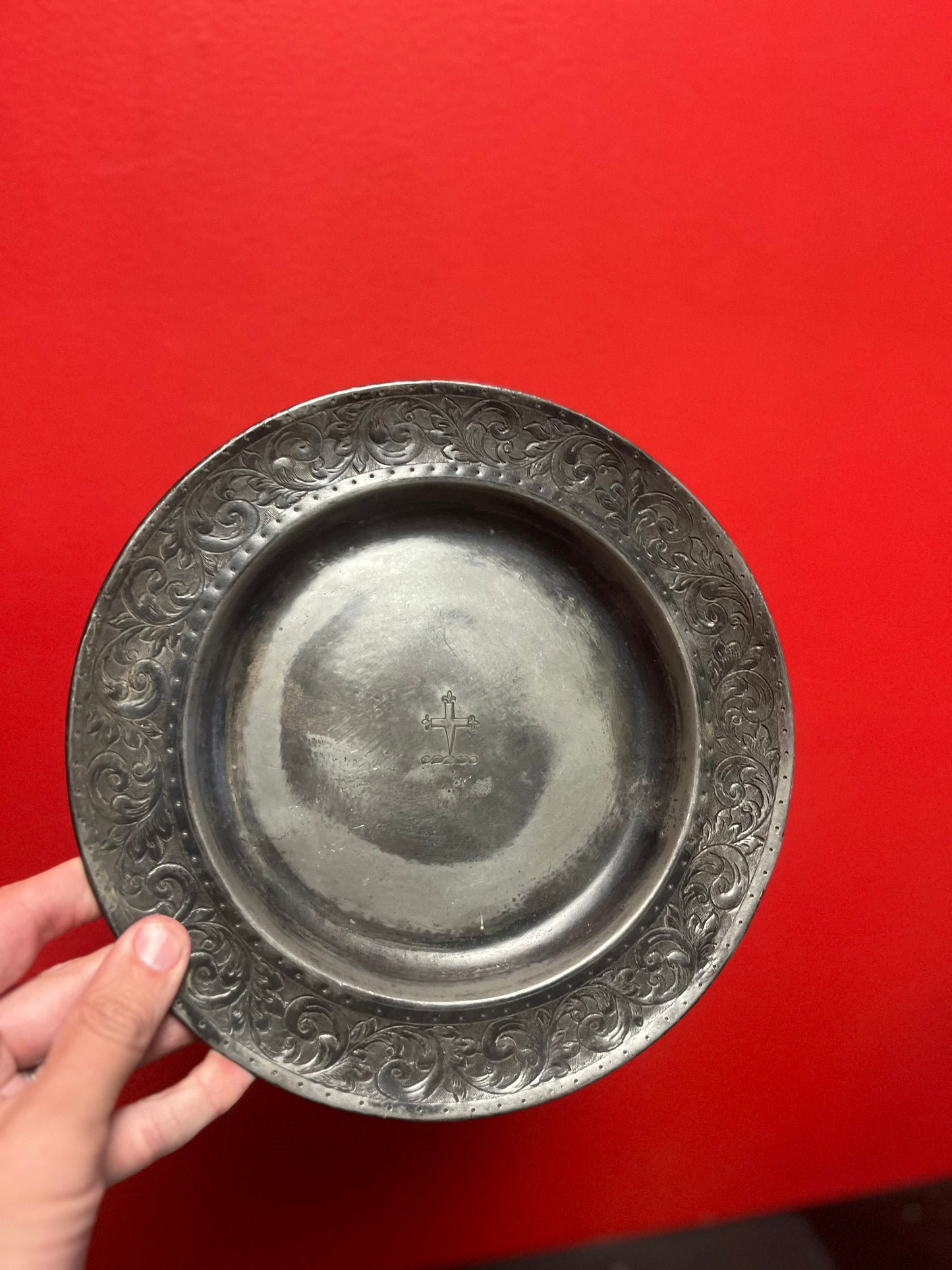 10 inch 18th century pewter  church collection change plate   so amazing patina  Rare and beautiful  religious antiquity - wow