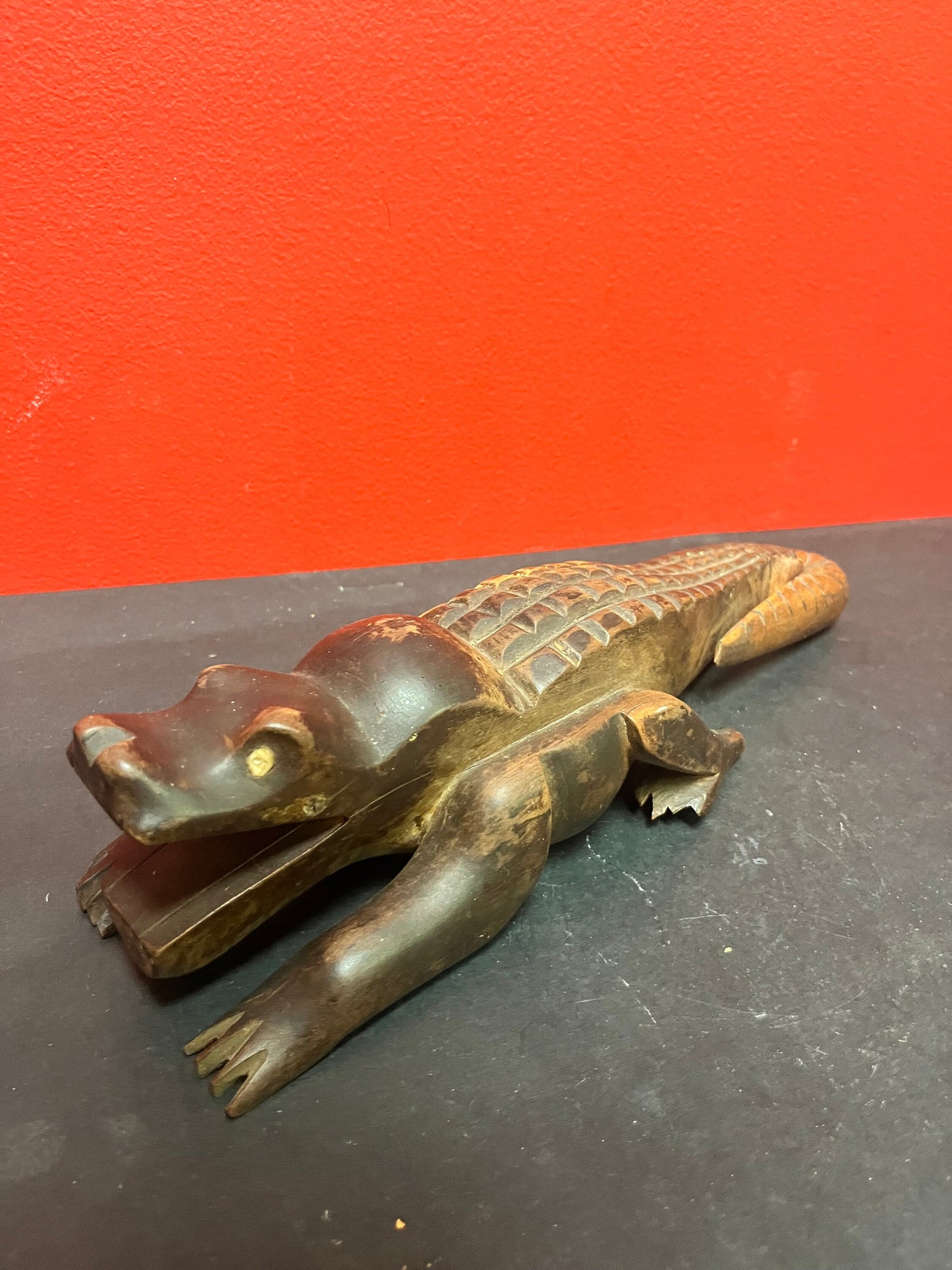 Wonderful antique 12 inch long African wooden crocodile   one eye missing  Super patina  beautiful carving