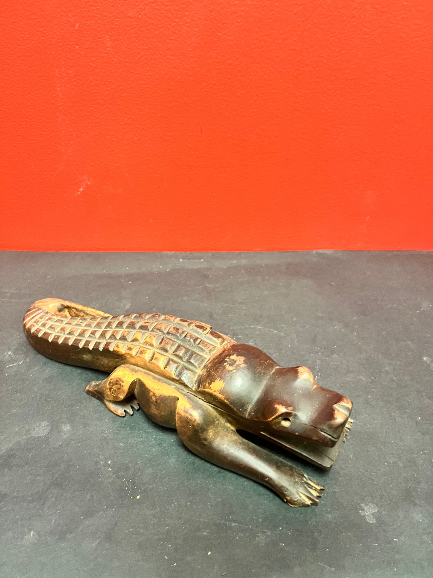 Wonderful antique 12 inch long African wooden crocodile   one eye missing  Super patina  beautiful carving