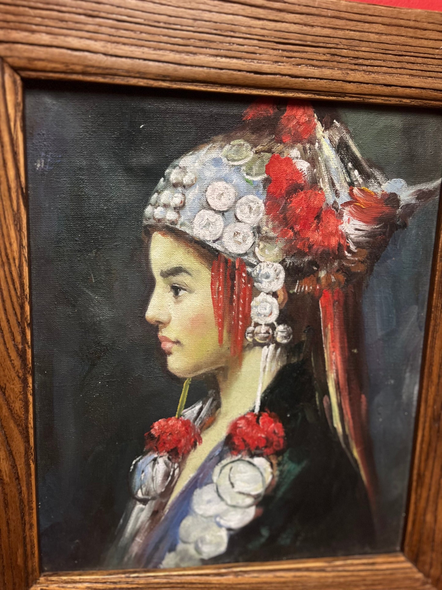 Stunning antique 15 x 13 x 1 thick Hand painted Nepalese pictures of a young man on an on canvas in oak frame  Amazing detail  wow