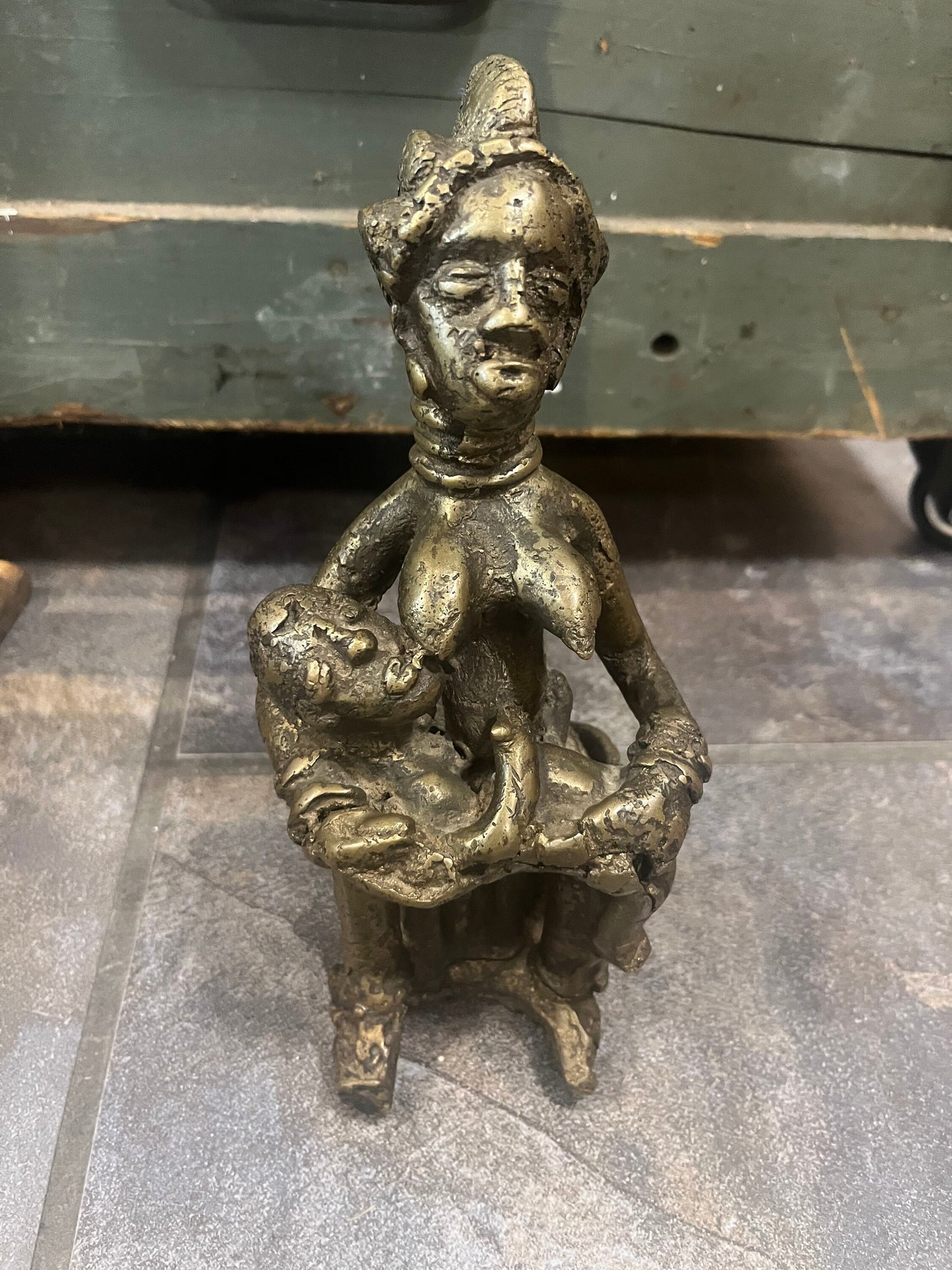 Lovely 9.5 inch tall heavy old African BENIN  bronze statue of a woman breast-feeding  stunning patina  wow