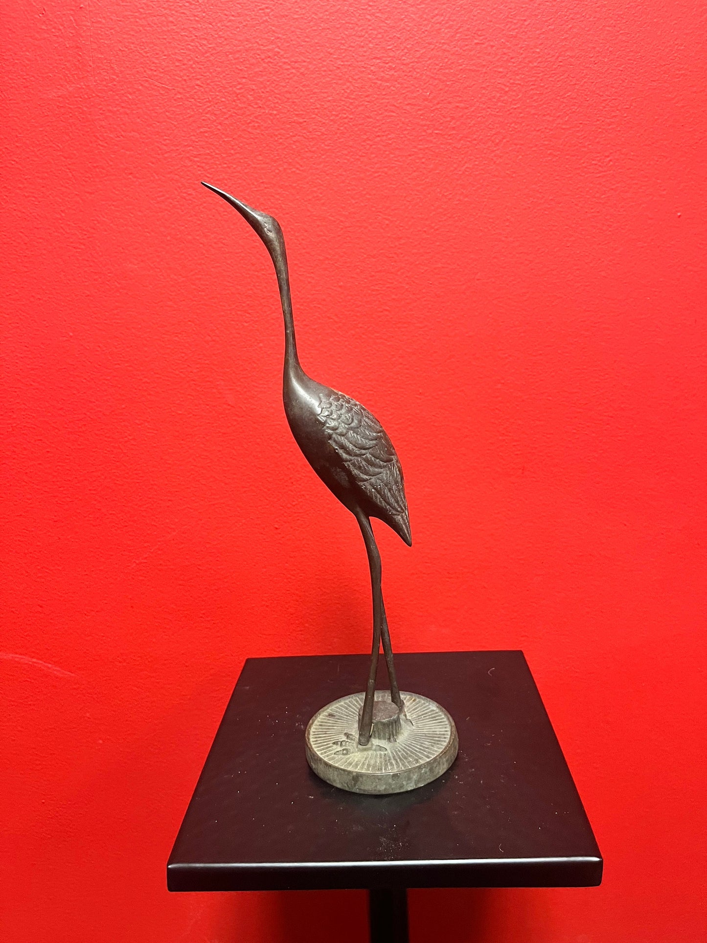 11 inch tall fabulous Japanese bronze heron with amazing patina