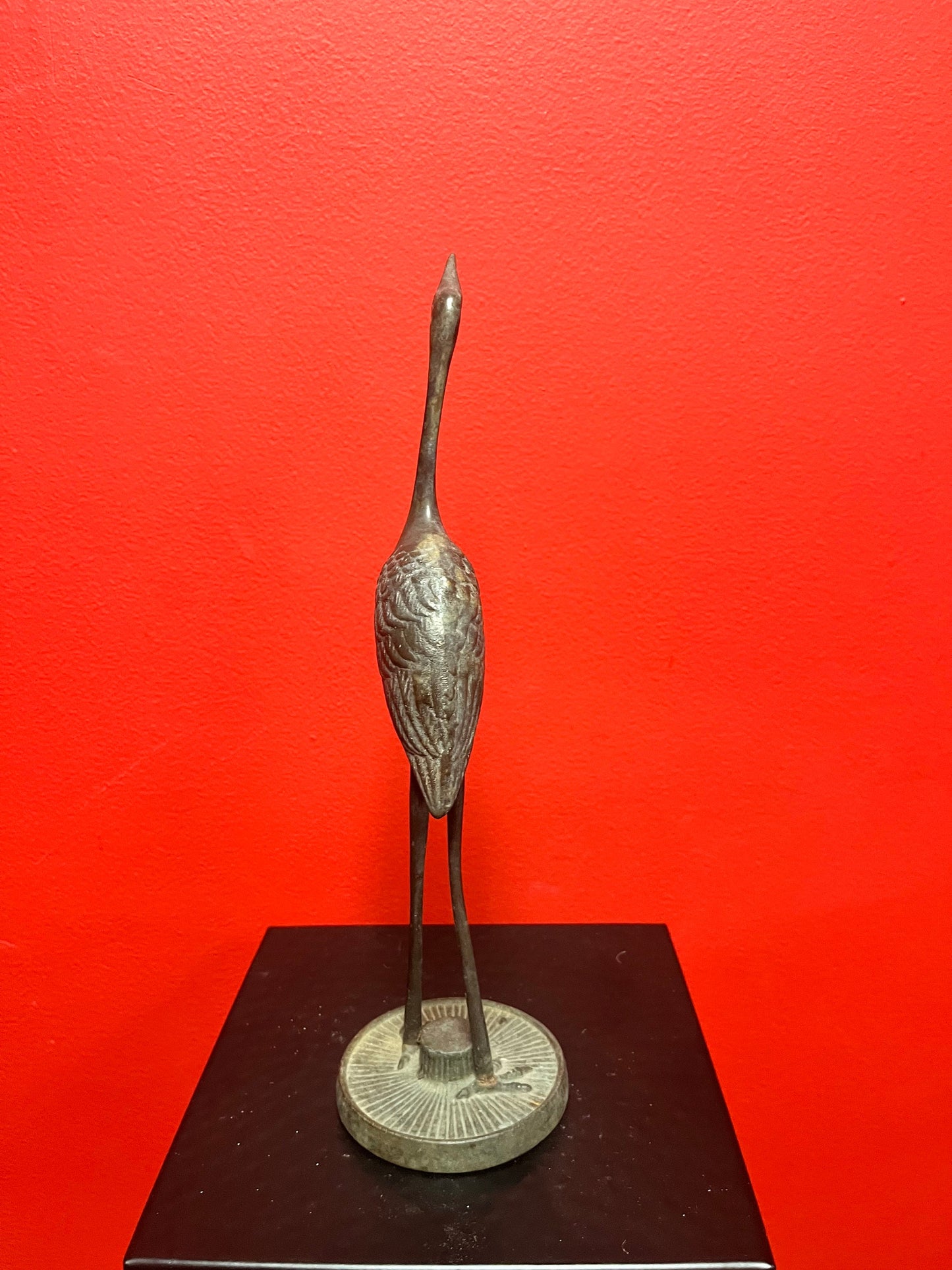 11 inch tall fabulous Japanese bronze heron with amazing patina