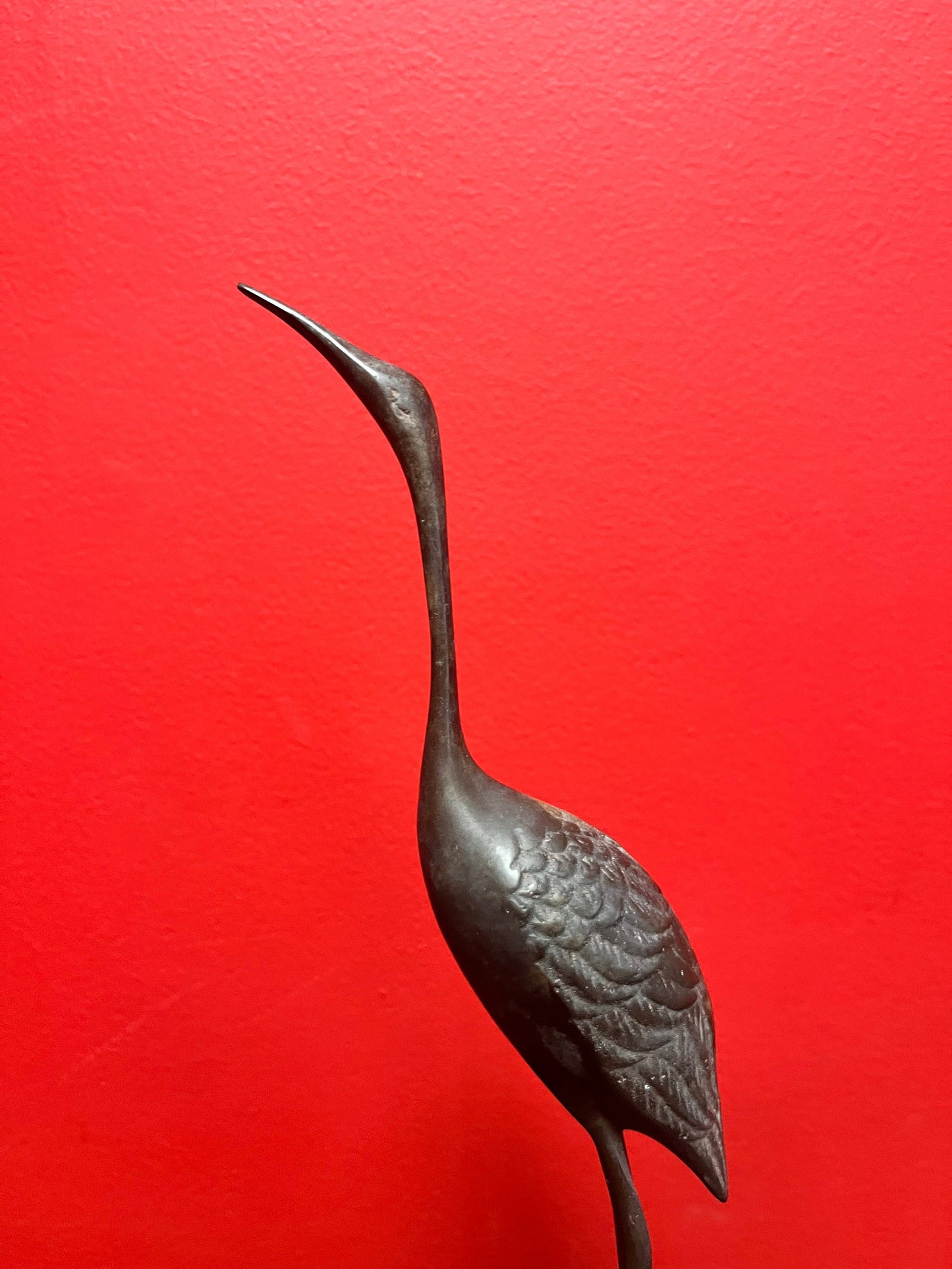 11 inch tall fabulous Japanese bronze heron with amazing patina