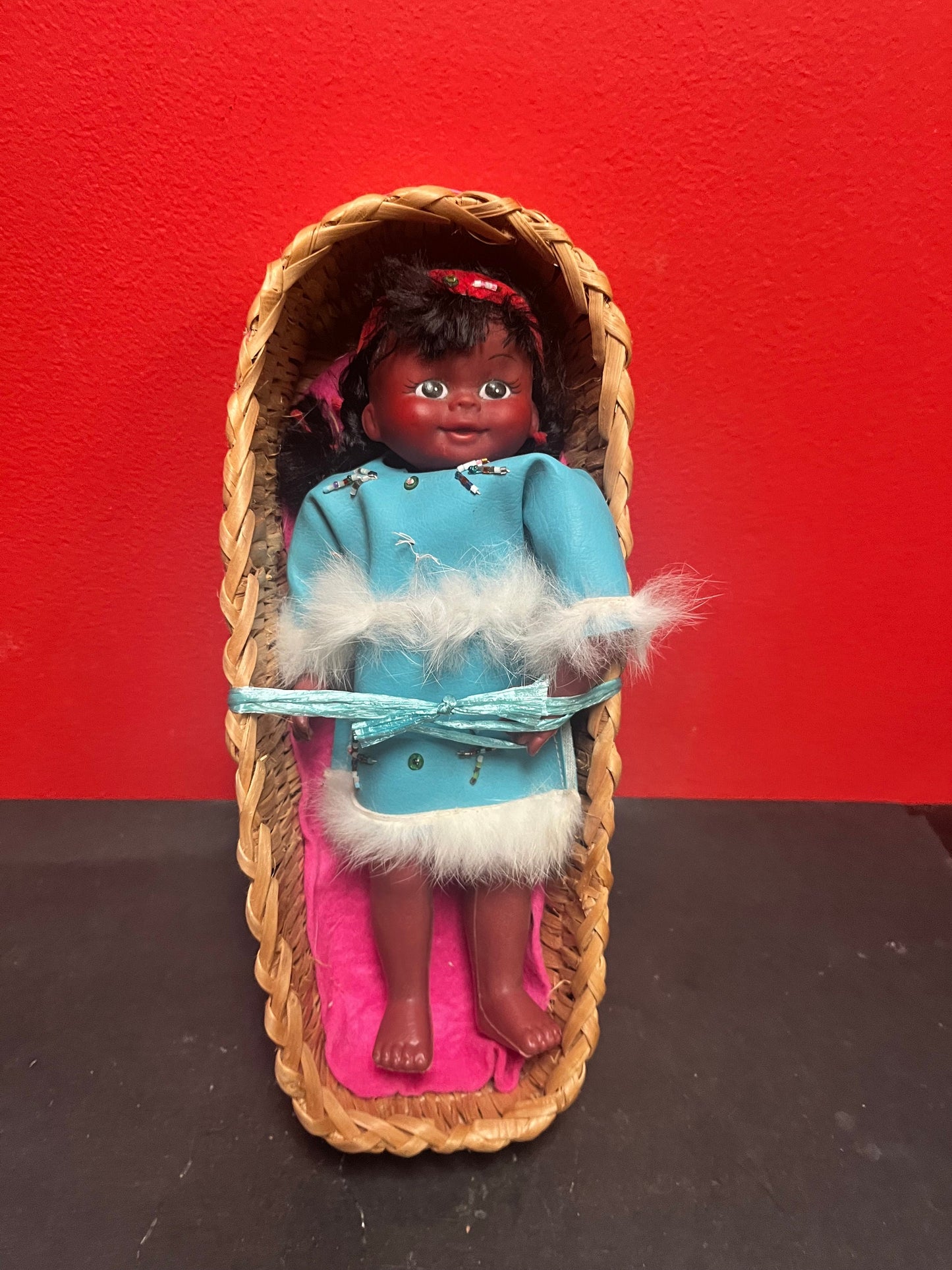 12 x 6 x 3 high Canadian antique indigenous Cedar Bark papnoose basket   lovely colouring  comes with original doll  great condition