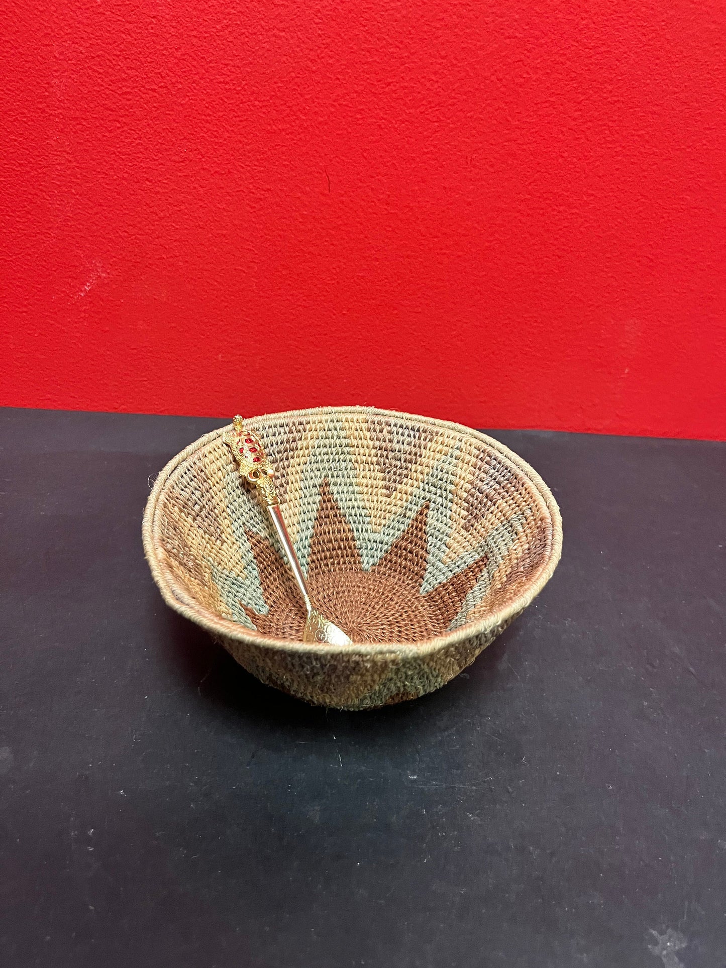 Lovely 6 x 3 vintage African woven basket with a Gilded and enamel turtle spoon  lovely combo for gifts etc