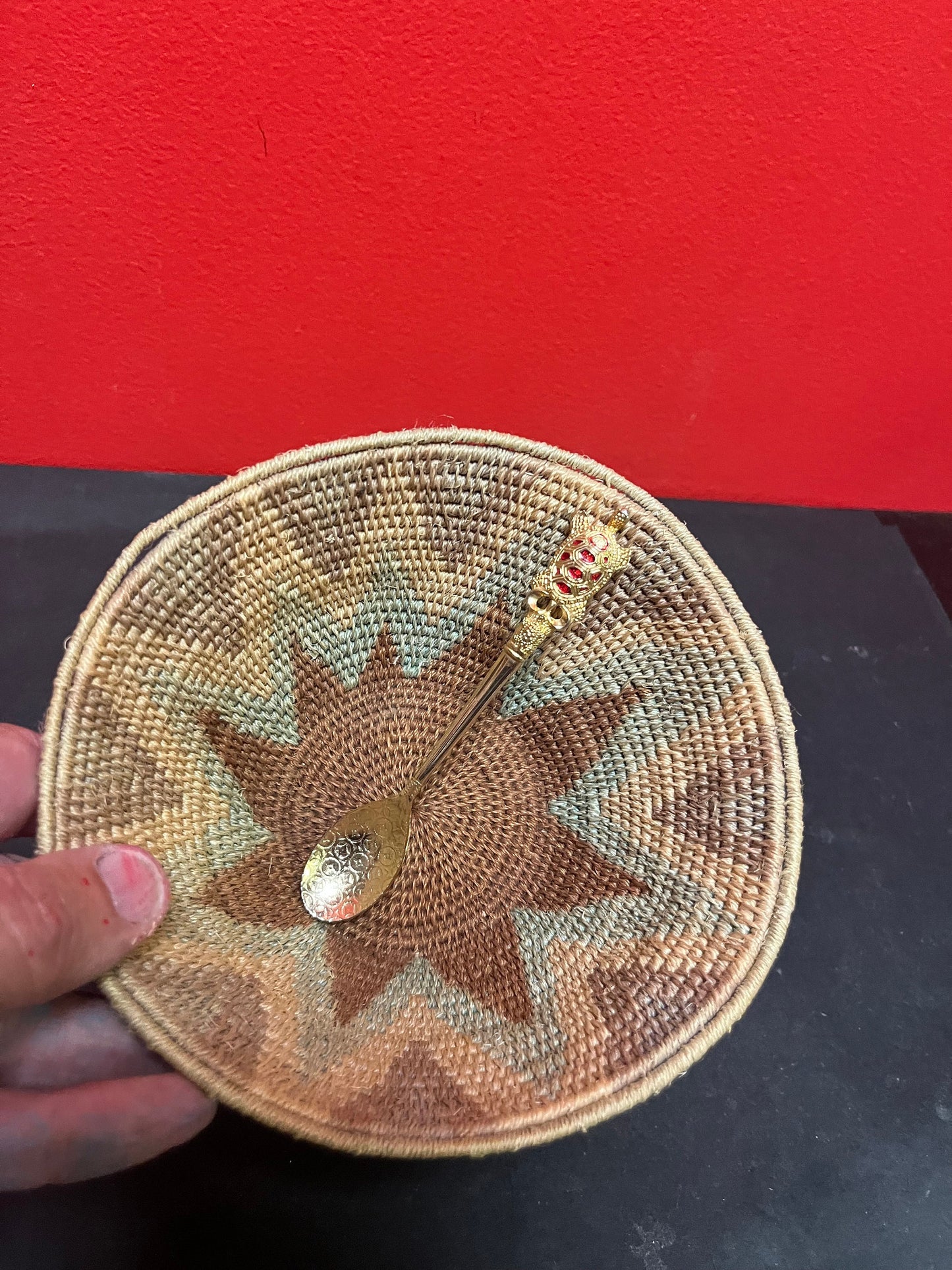 Lovely 6 x 3 vintage African woven basket with a Gilded and enamel turtle spoon  lovely combo for gifts etc