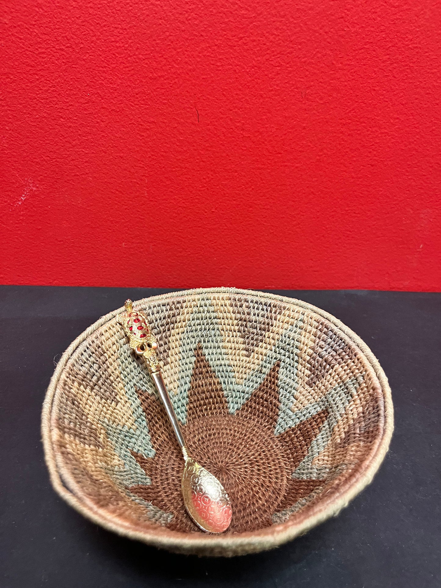 Lovely 6 x 3 vintage African woven basket with a Gilded and enamel turtle spoon  lovely combo for gifts etc