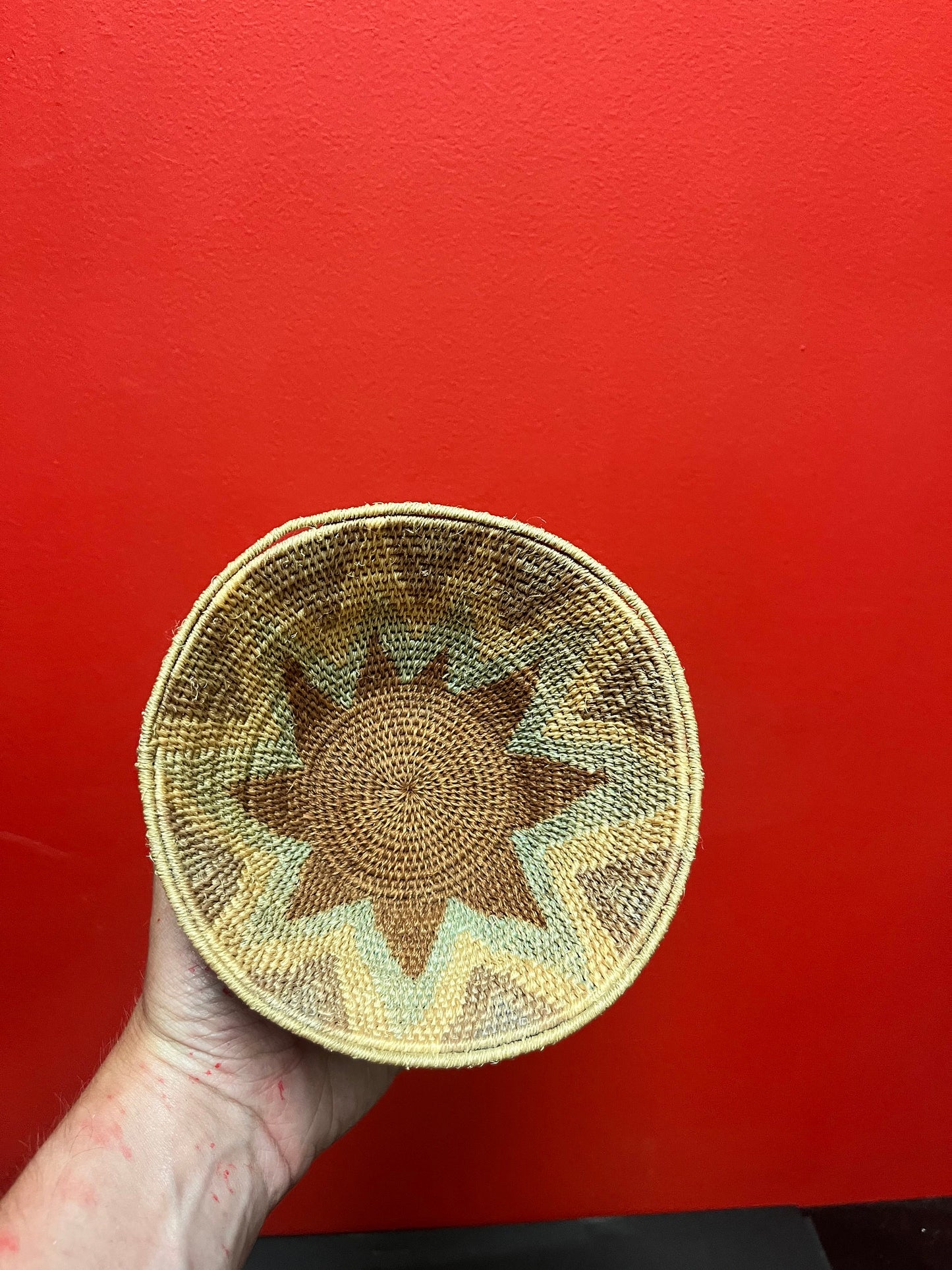 Lovely 6 x 3 vintage African woven basket with a Gilded and enamel turtle spoon  lovely combo for gifts etc