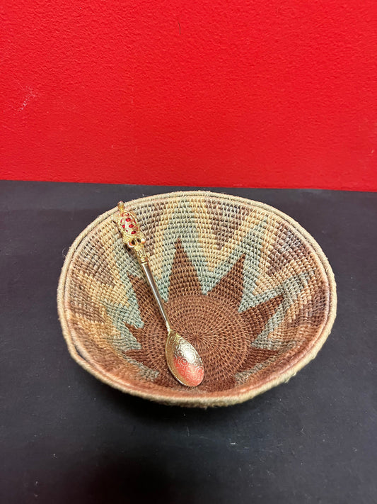 Lovely 6 x 3 vintage African woven basket with a Gilded and enamel turtle spoon  lovely combo for gifts etc