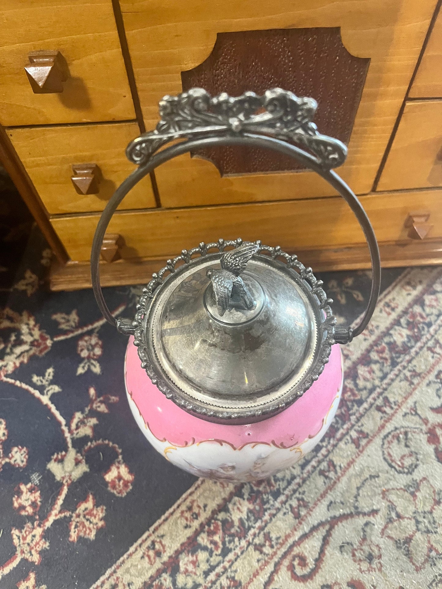 12 inch high Antique Victorian  enamel and silver plated biscuit jar  great detail  and good condition  see photos