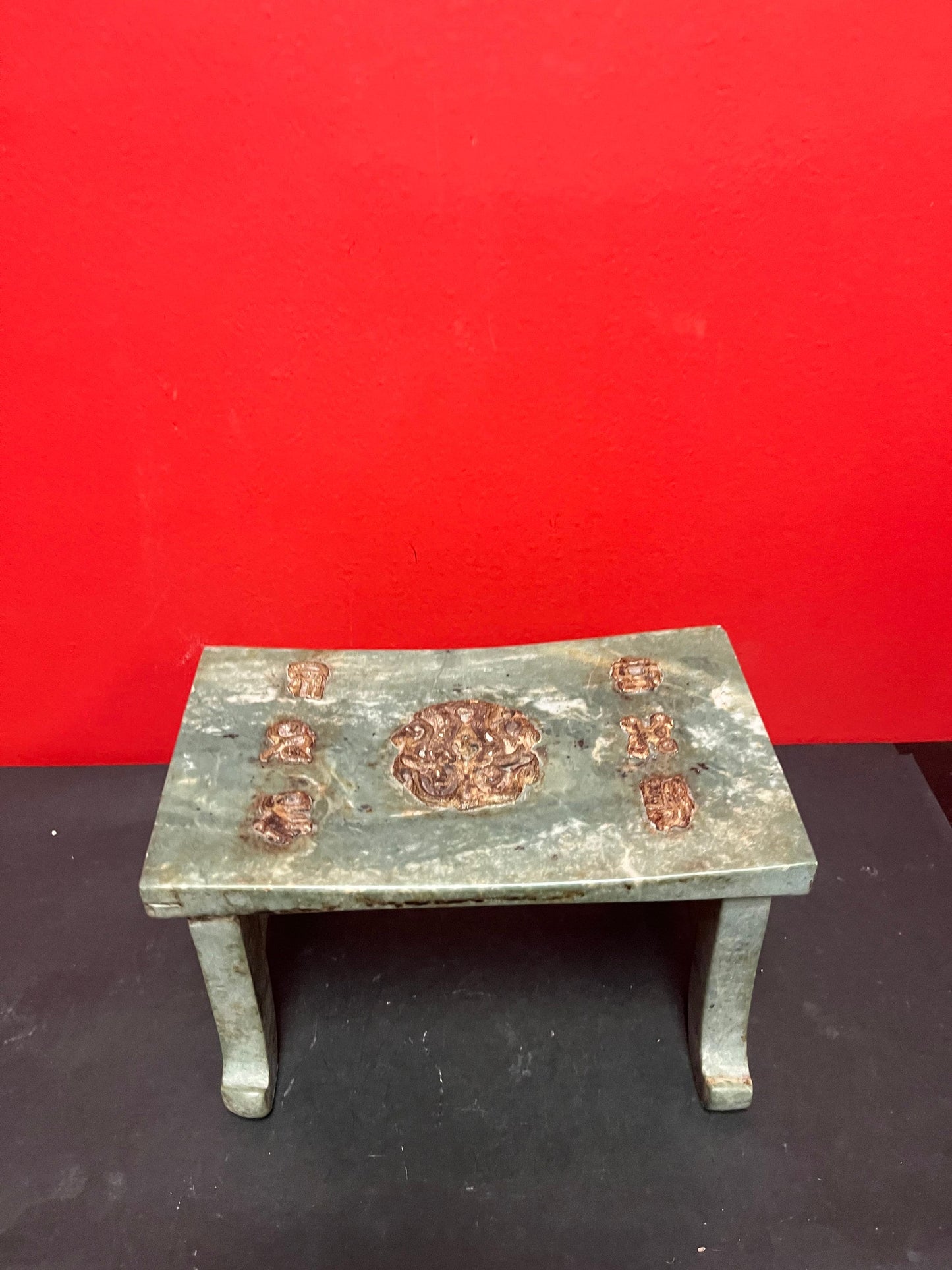 Museum quality 9 x 6 x 6“ high antique Chinese jade and bronze opium pillow or bench   must be seen to be fully believed   estate piece