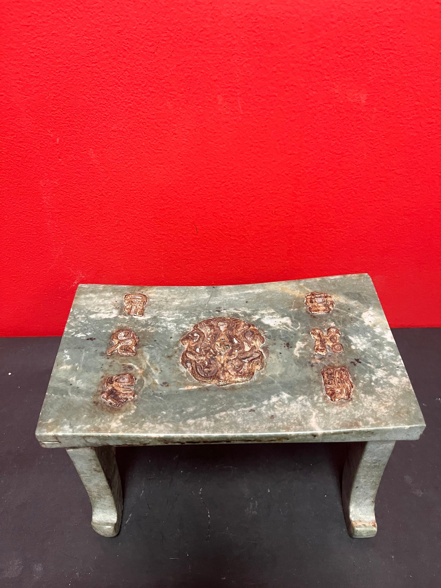 Museum quality 9 x 6 x 6“ high antique Chinese jade and bronze opium pillow or bench   must be seen to be fully believed   estate piece