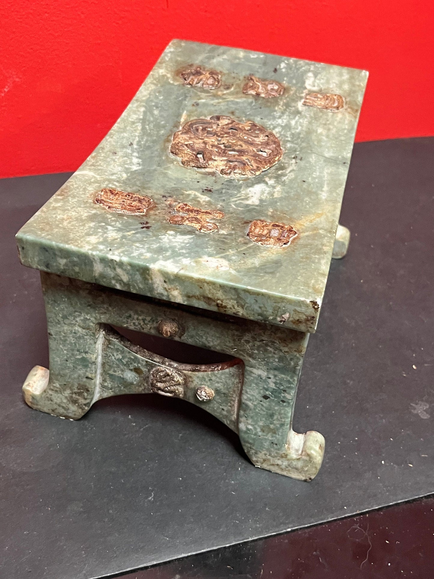 Museum quality 9 x 6 x 6“ high antique Chinese jade and bronze opium pillow or bench   must be seen to be fully believed   estate piece