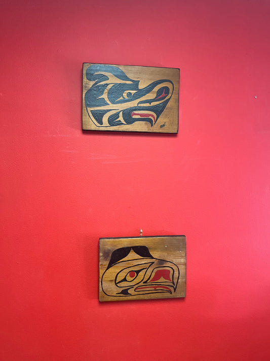 Lovely pair Indigenous northwest Coast primitive old plaques 10 x 7 1/2 each  one signed  Thunderbird and Eagle  wow