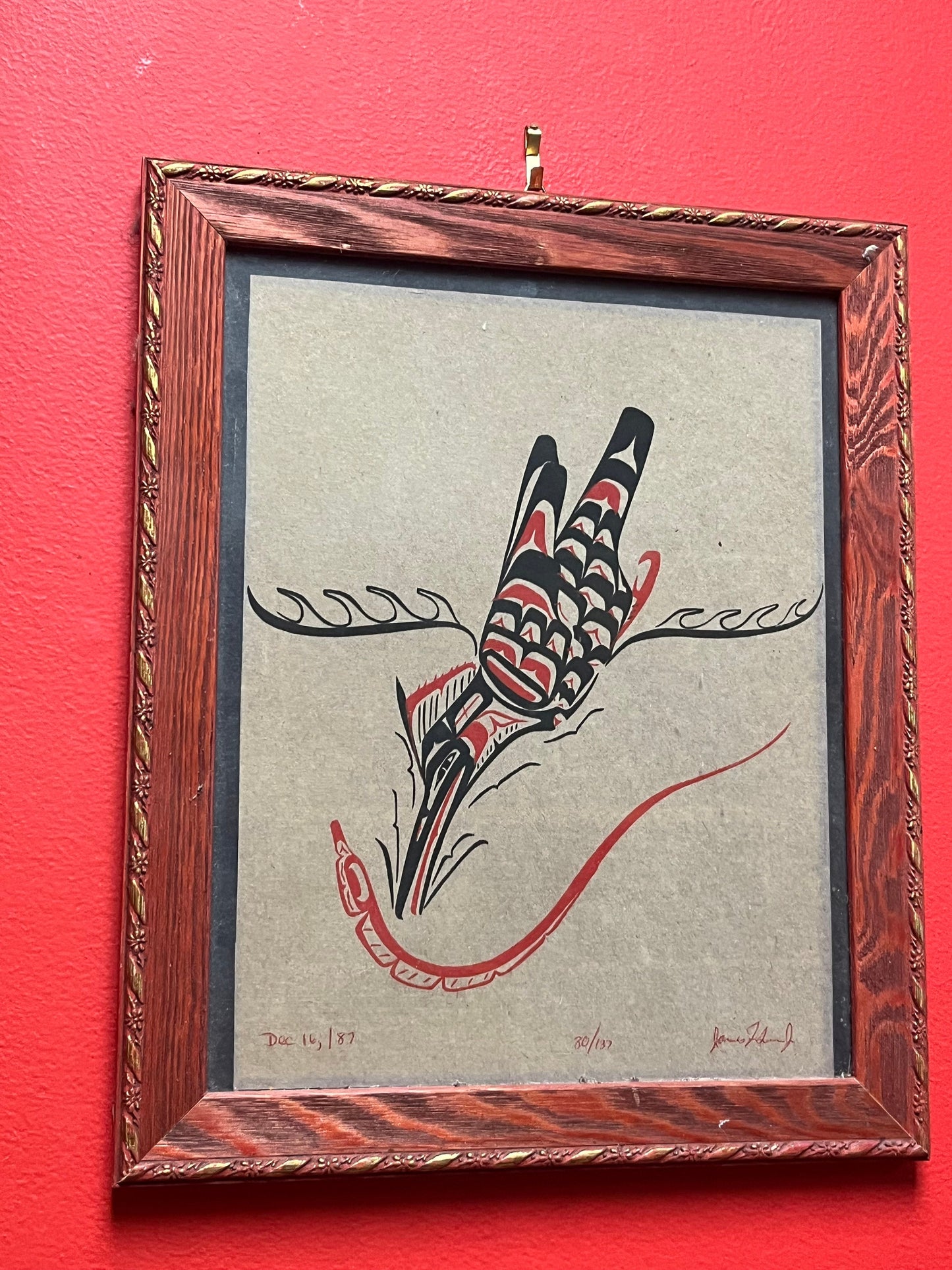 Lovely limited edition 13 x 11 framed indigenous first nations Pacific northwest coast signed print of a bird and snake  great value