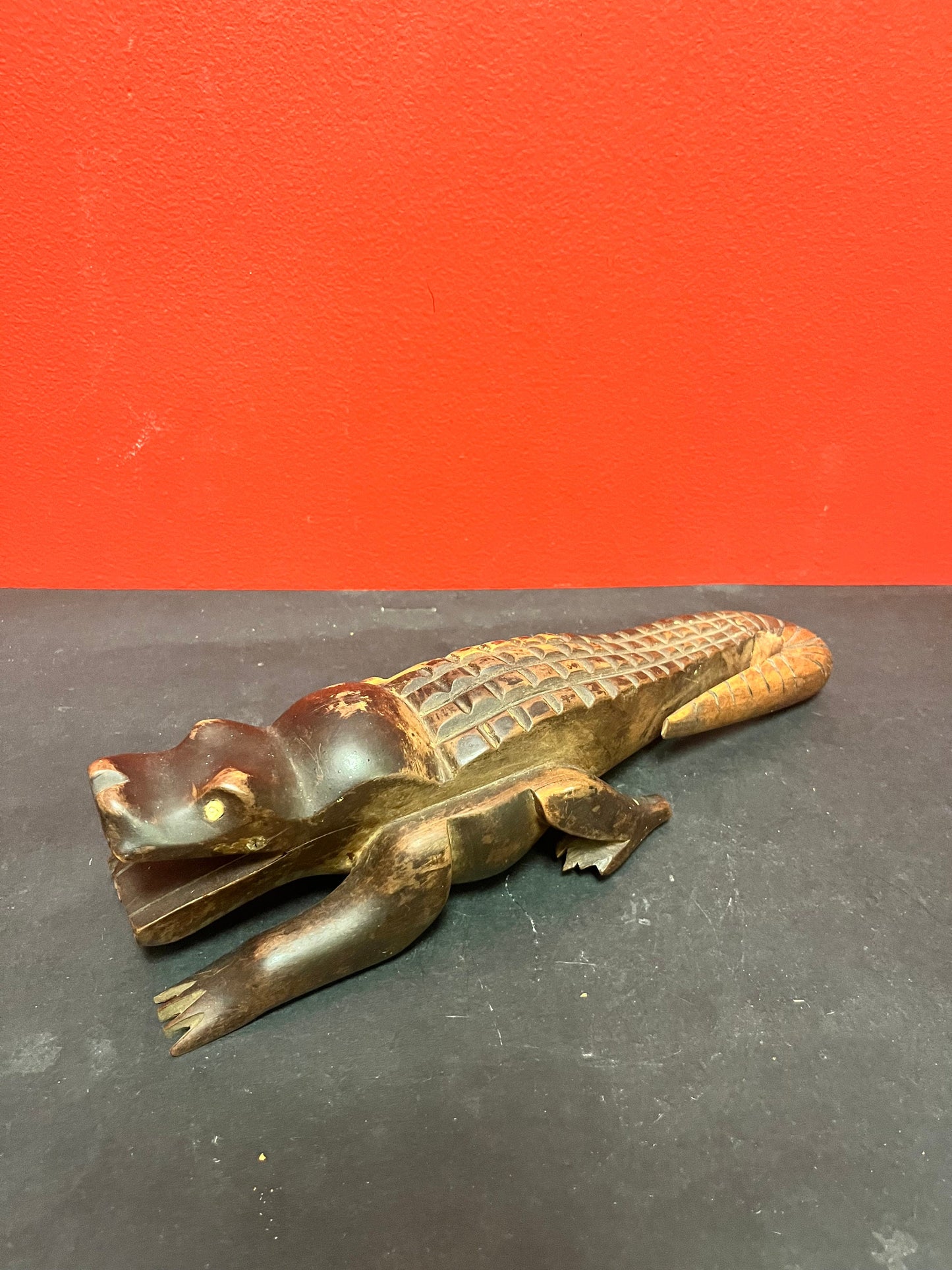 Wonderful antique 12 inch long African wooden crocodile   one eye missing  Super patina  beautiful carving