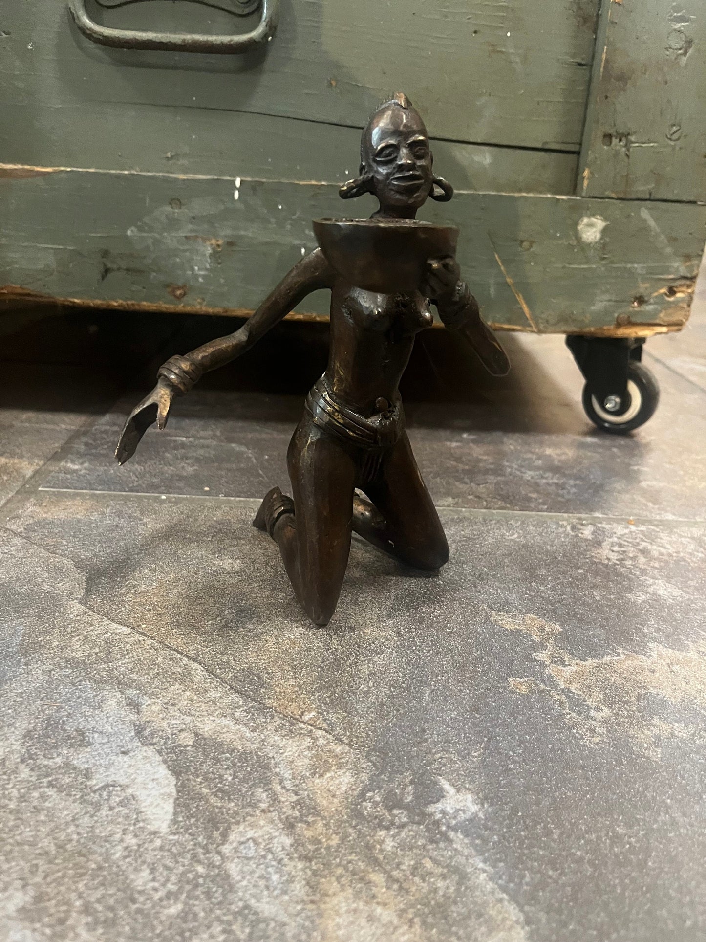 Wonderful 8 inch tall antique African bronze statue  great patina and imagery