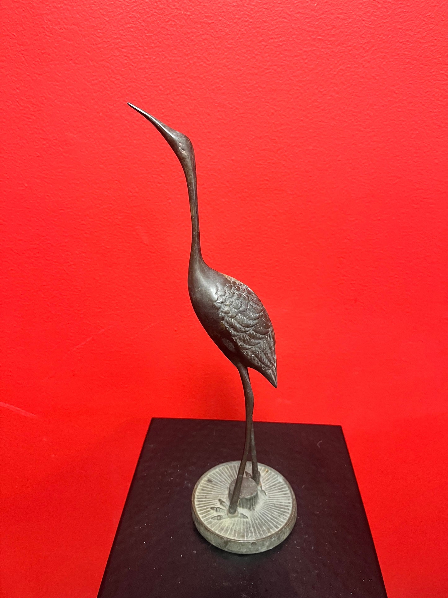 11 inch tall fabulous Japanese bronze heron with amazing patina