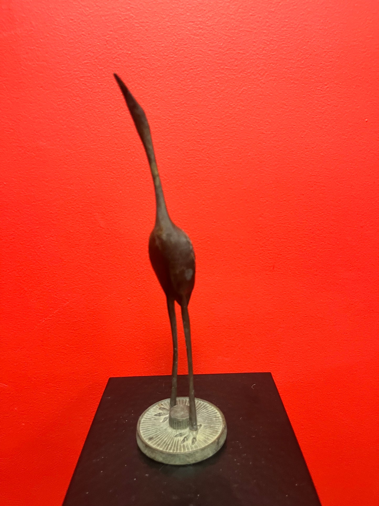 11 inch tall fabulous Japanese bronze heron with amazing patina