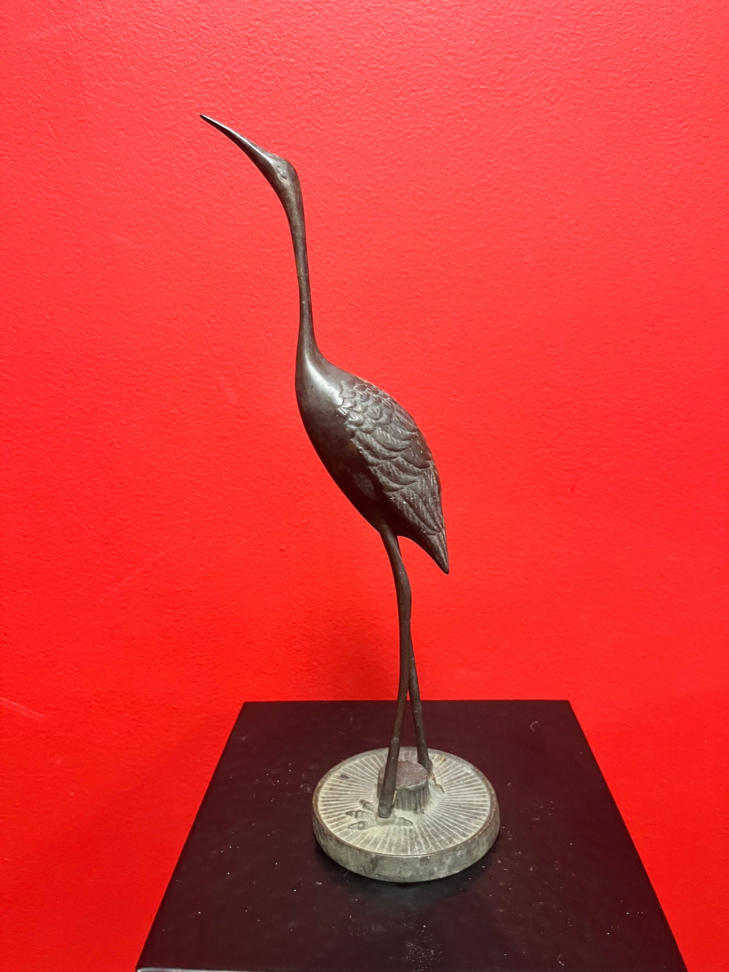 11 inch tall fabulous Japanese bronze heron with amazing patina