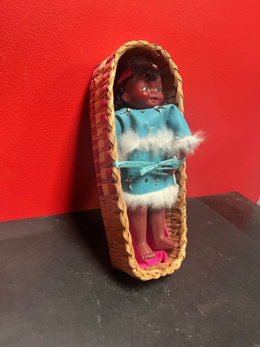 12 x 6 x 3 high Canadian antique indigenous Cedar Bark papnoose basket   lovely colouring  comes with original doll  great condition