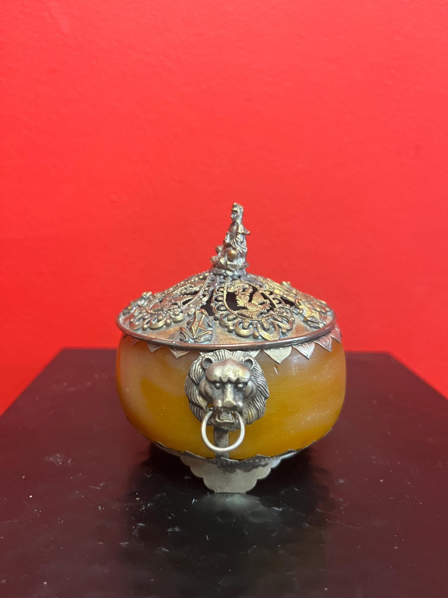 Fabulous 4 inch tall antique Nepalese signed silver and stone lidded jar  wow