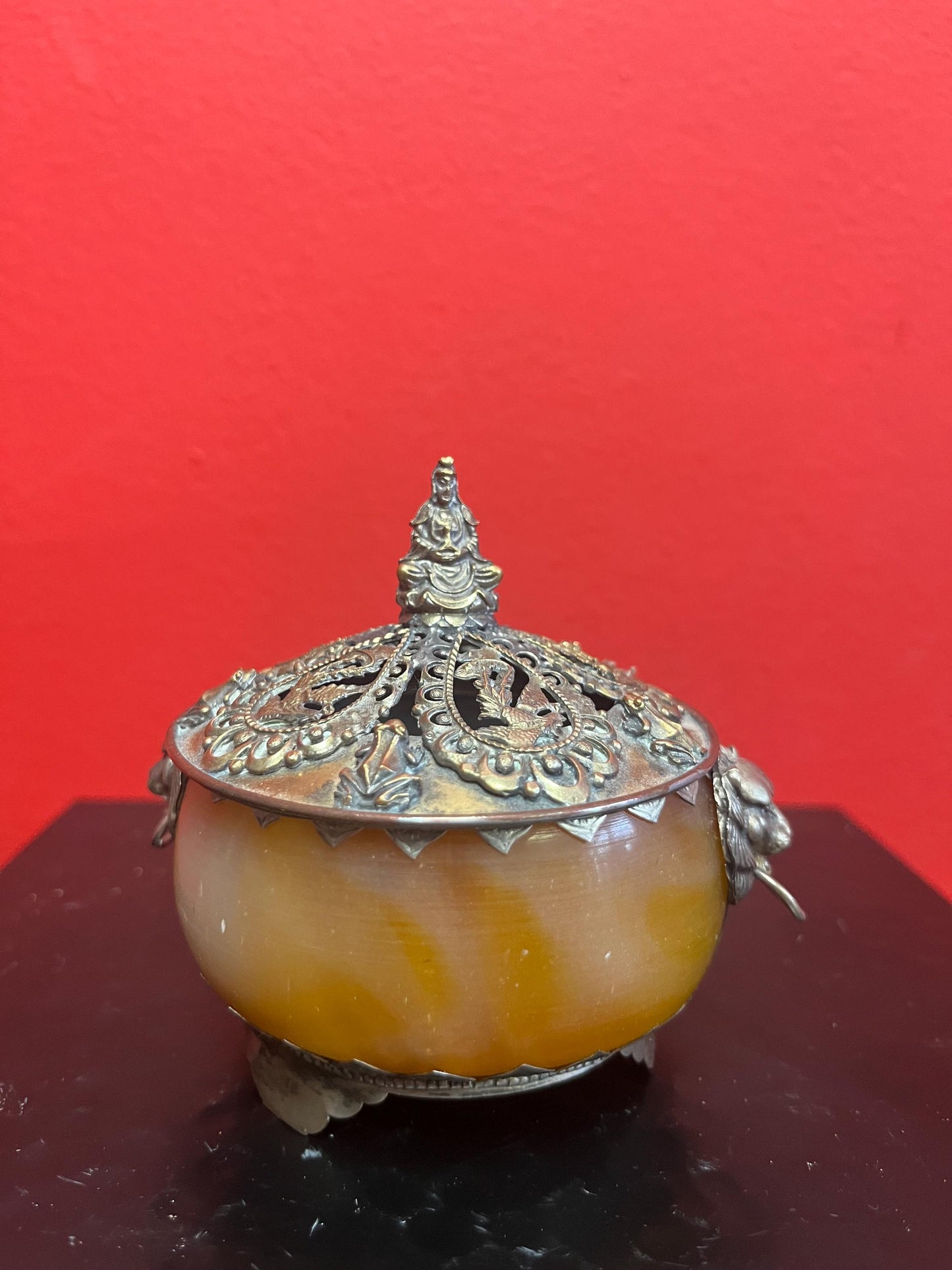 Fabulous 4 inch tall antique Nepalese signed silver and stone lidded jar  wow