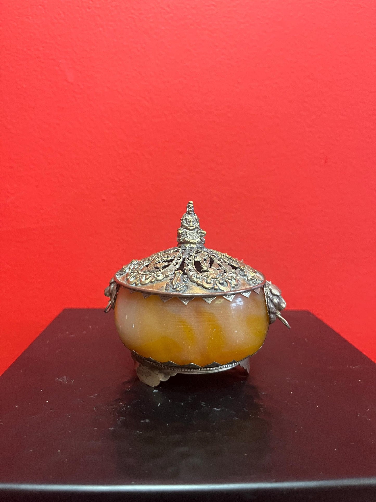 Fabulous 4 inch tall antique Nepalese signed silver and stone lidded jar  wow