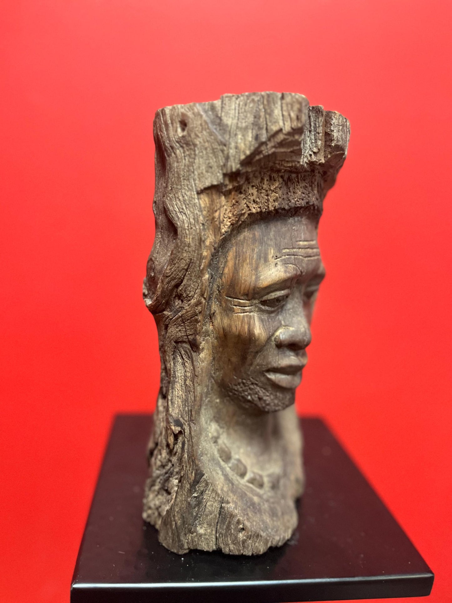 Very early antique African live edge wood bust of a man with necklace wonderful imagery  museum quality