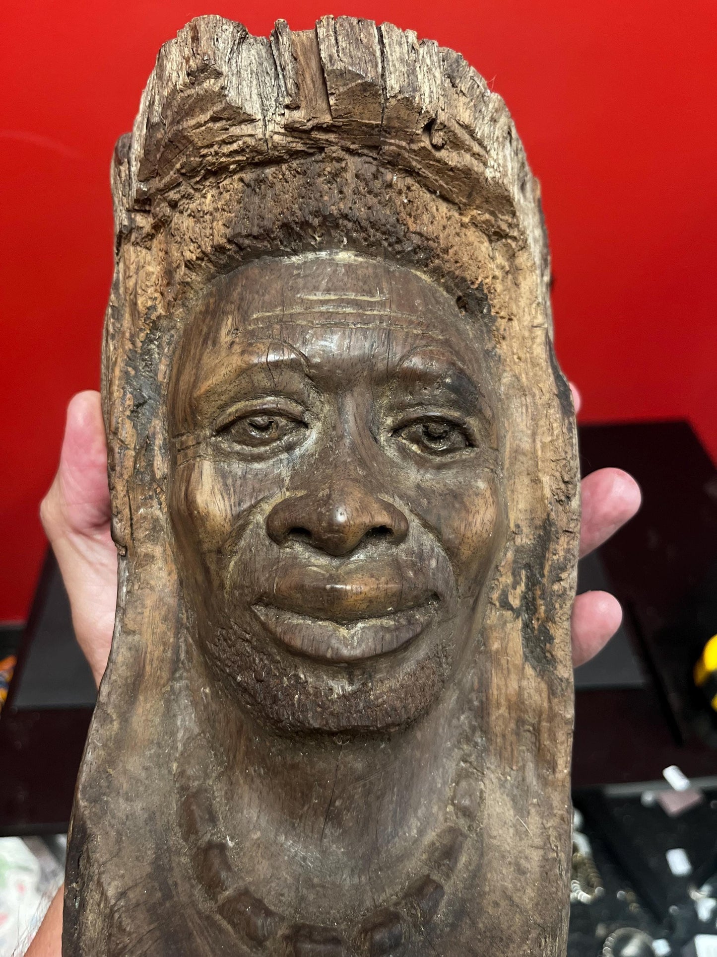 Very early antique African live edge wood bust of a man with necklace wonderful imagery  museum quality