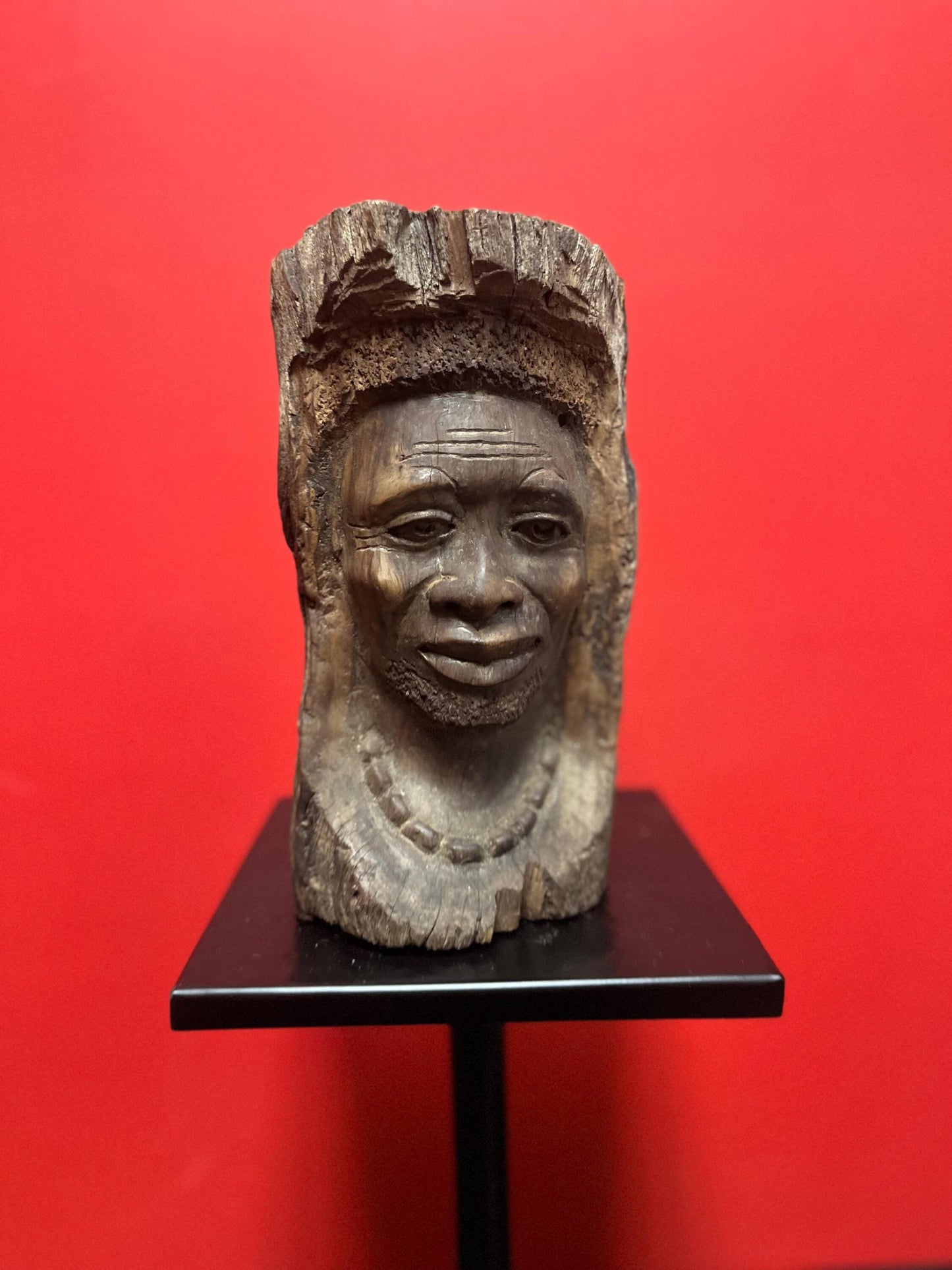 Very early antique African live edge wood bust of a man with necklace wonderful imagery  museum quality