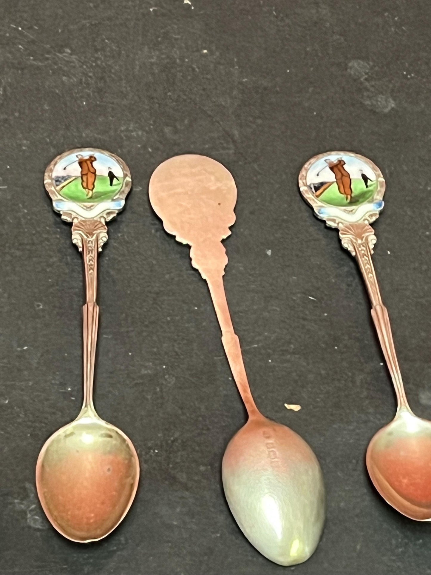 Five lovely English antique sterling silver hallmarked coffee spoons with enamel depicting Golf   great gift  100 g total