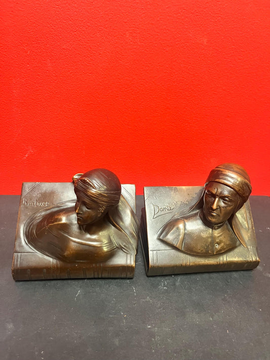 Stunning pair of heavy bronze Art nouveau Dante and Beatrice bookends antique beauties  lovely patina  6 x 6 each