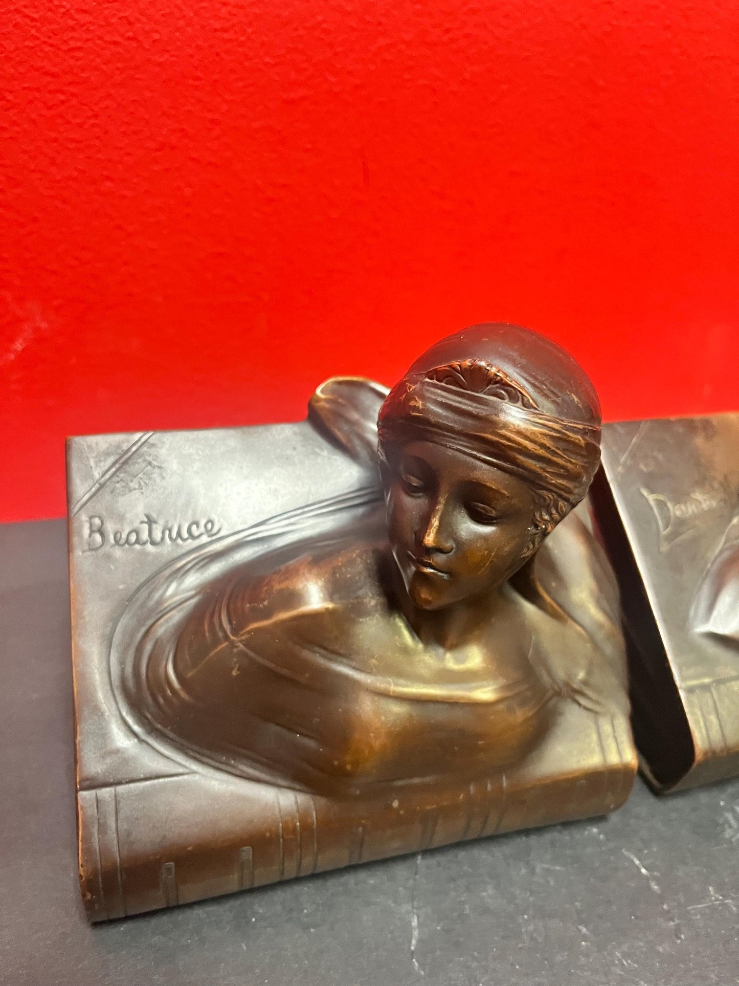 Stunning pair of heavy bronze Art nouveau Dante and Beatrice bookends antique beauties  lovely patina  6 x 6 each