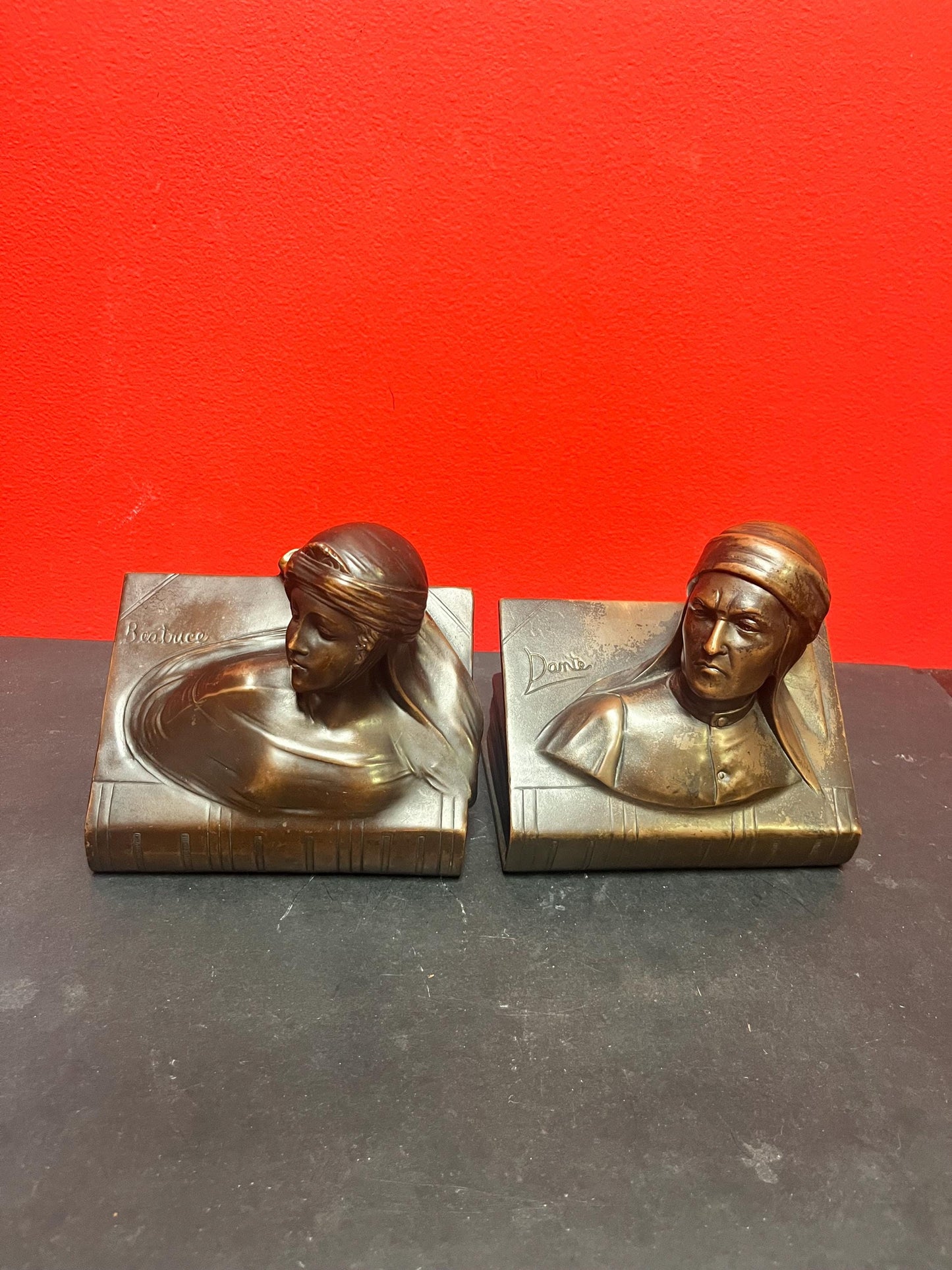 Stunning pair of heavy bronze Art nouveau Dante and Beatrice bookends antique beauties  lovely patina  6 x 6 each