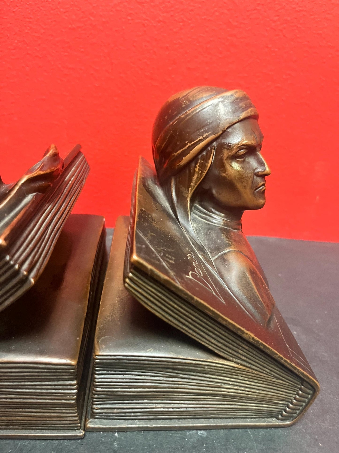 Stunning pair of heavy bronze Art nouveau Dante and Beatrice bookends antique beauties  lovely patina  6 x 6 each