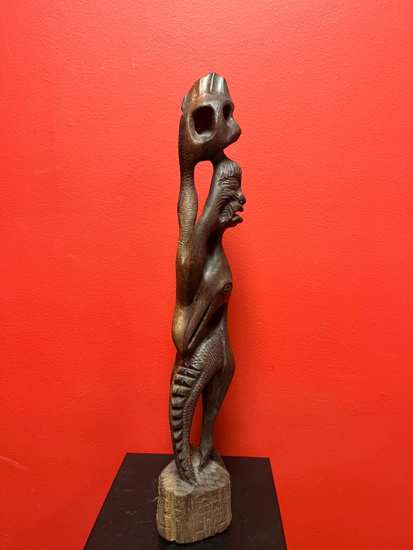 Oldest 17 inch tall handcarved African transformation statue   great imagery  good condition