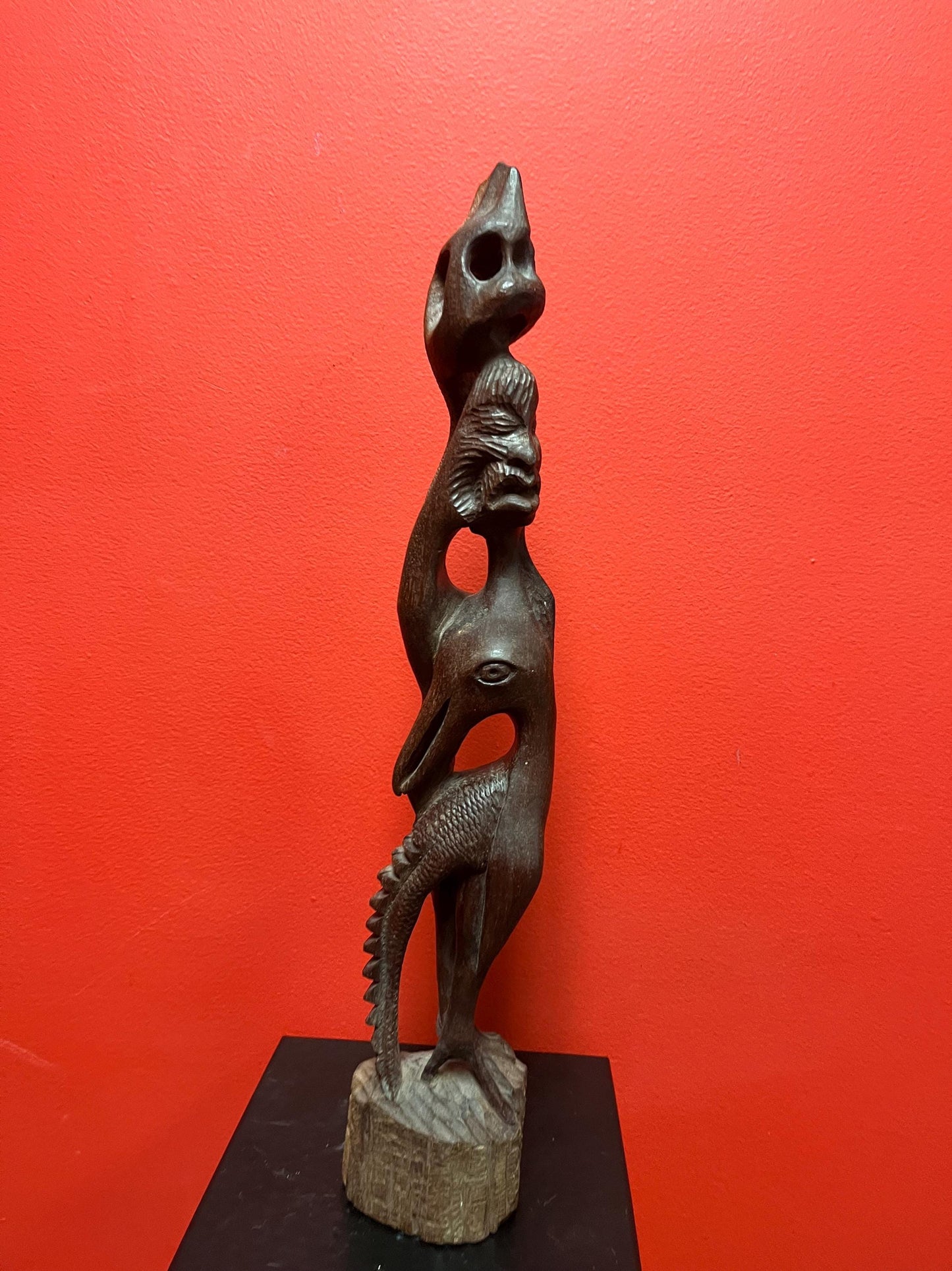 Oldest 17 inch tall handcarved African transformation statue   great imagery  good condition