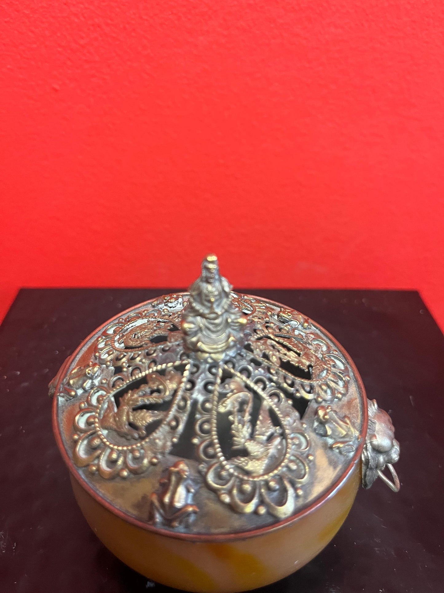 Fabulous 4 inch tall antique Nepalese signed silver and stone lidded jar  wow