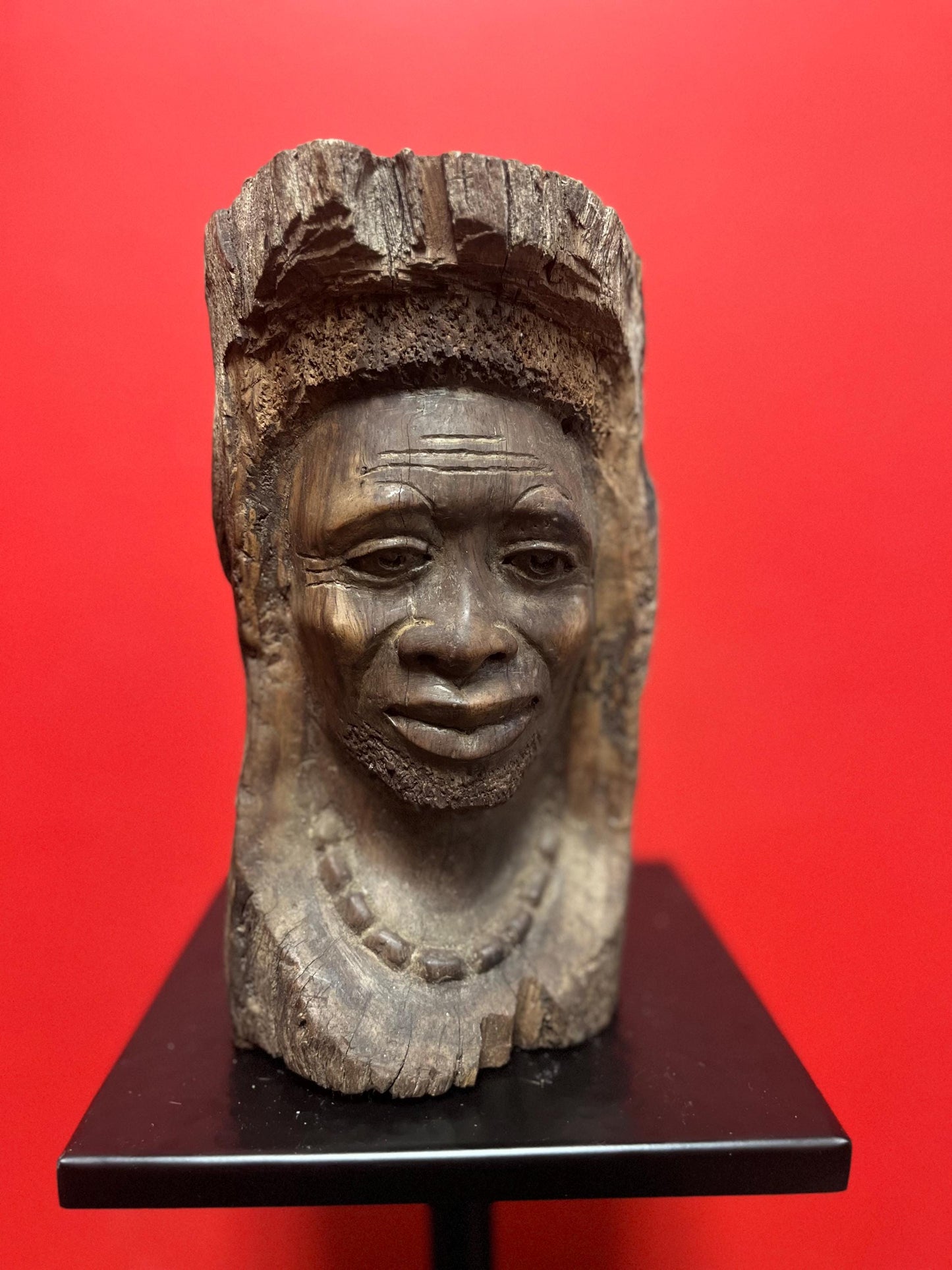 Very early antique African live edge wood bust of a man with necklace wonderful imagery  museum quality