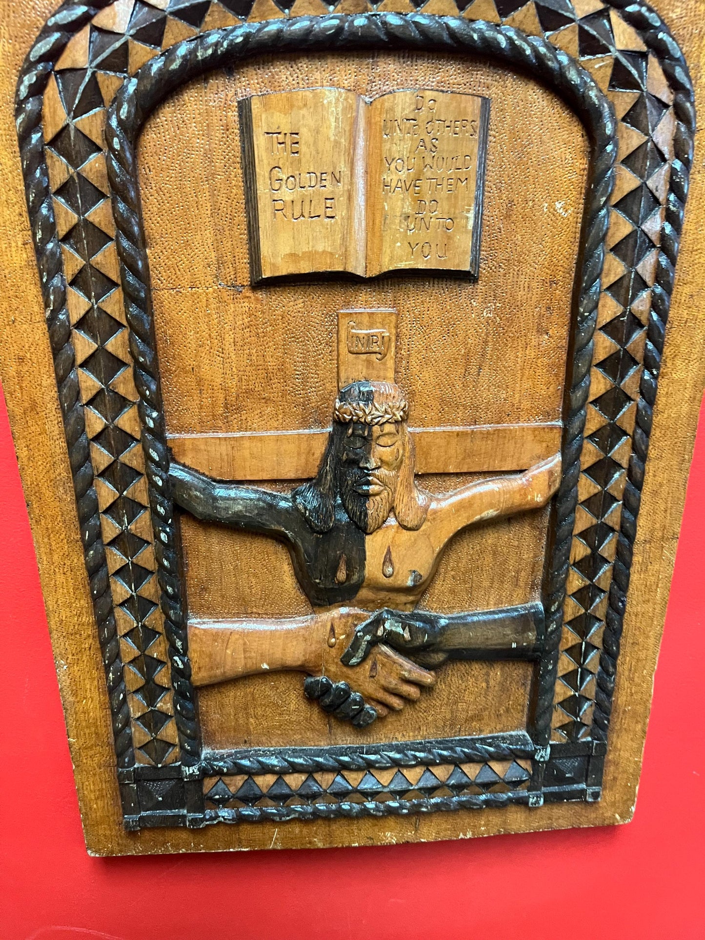 Absolutely fabulous antique African religious 27 x 16 x 1 inch thick plaque  wonderful imagery and very unusual  African Christianity wow