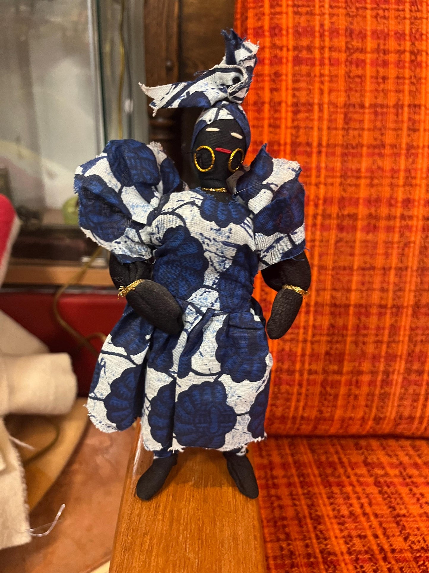 Lovely vintage Western African 9 inch tall fabric doll on stand  cool and great gift